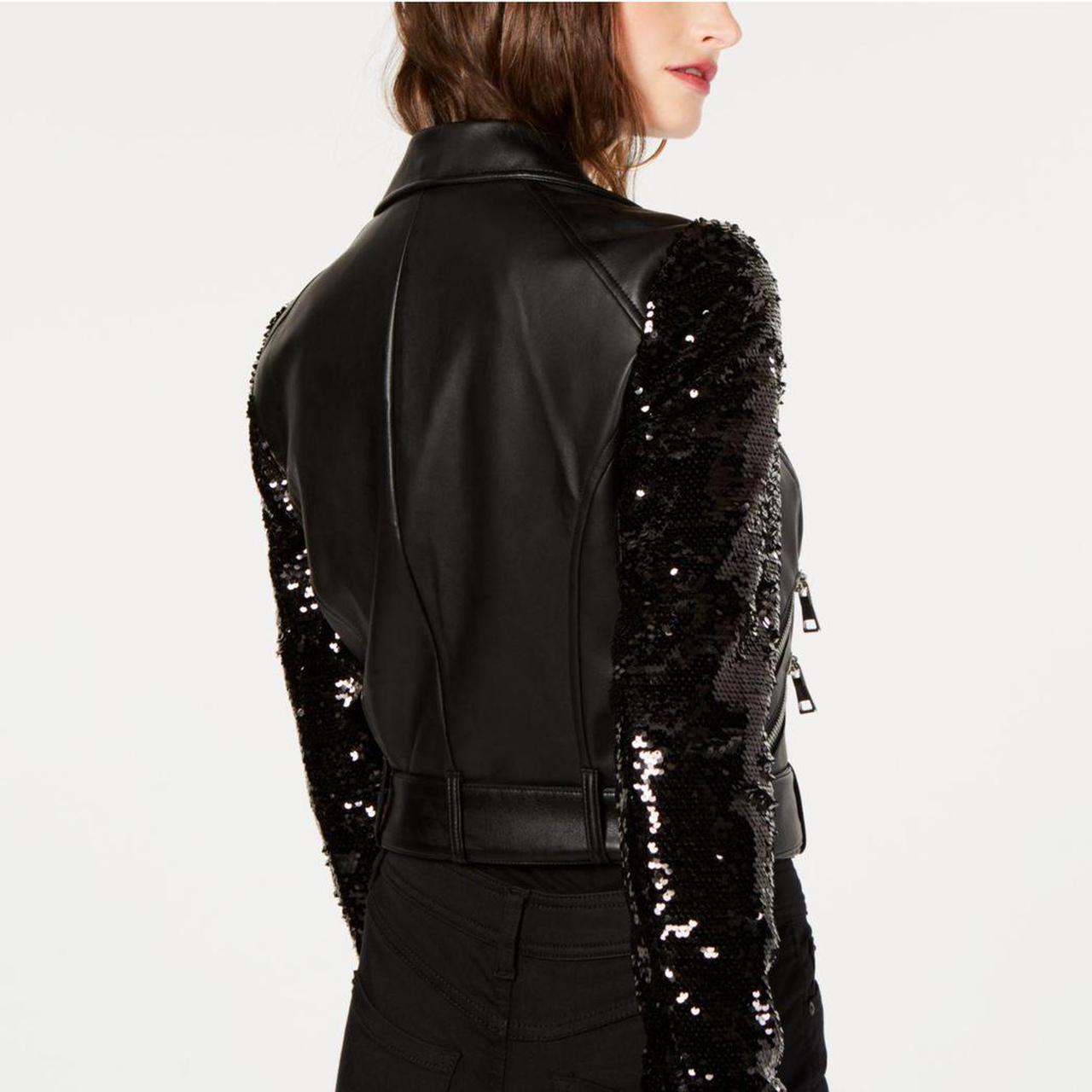 leather jacket with sequin sleeves