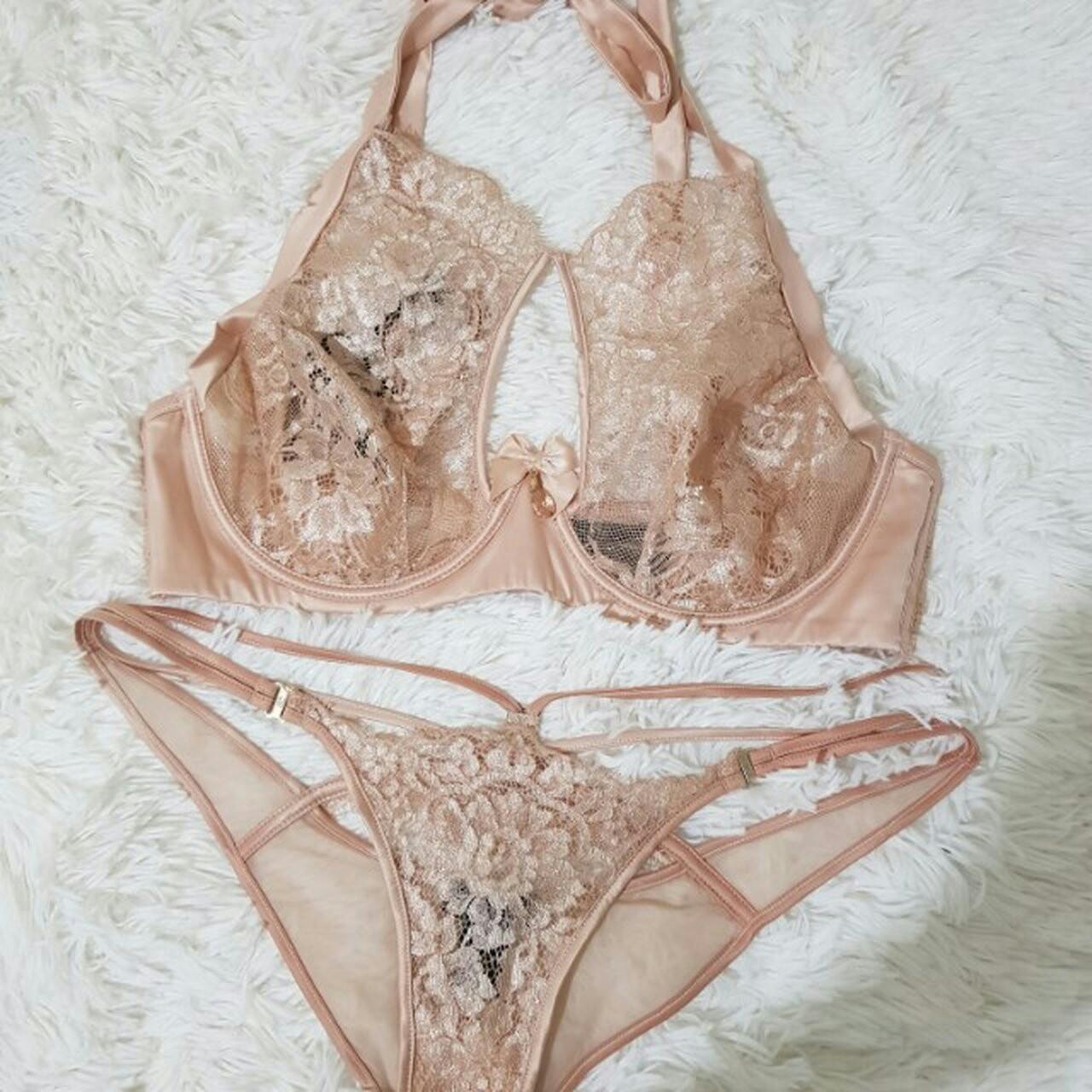 Honey Birdette Women's Cream and Pink Bra | Depop