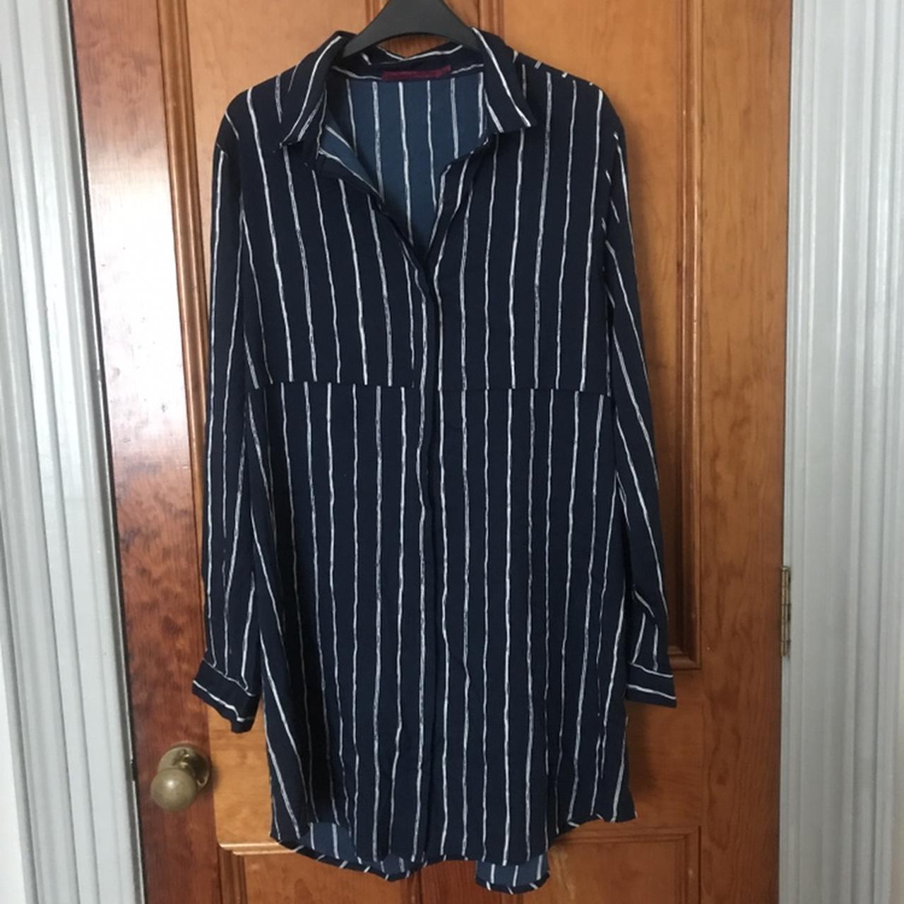 Boohoo navy off white striped shirt dress size Depop