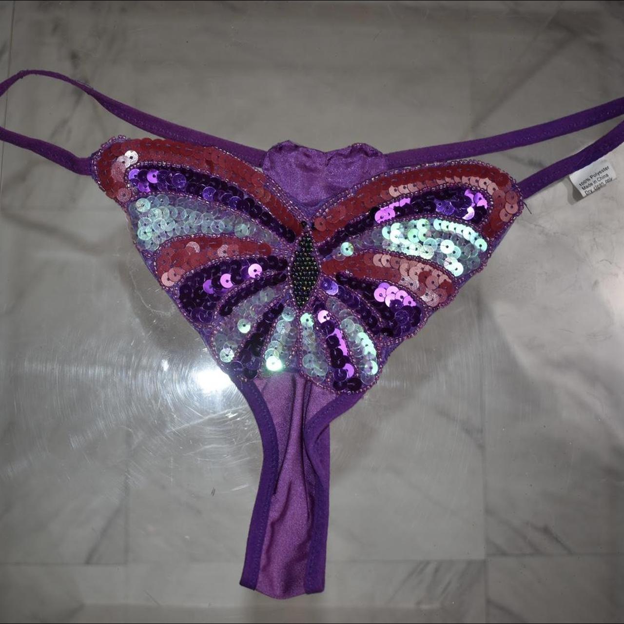 Purple sequin butterfly thong. BRAND NEW NEVER WORN. - Depop