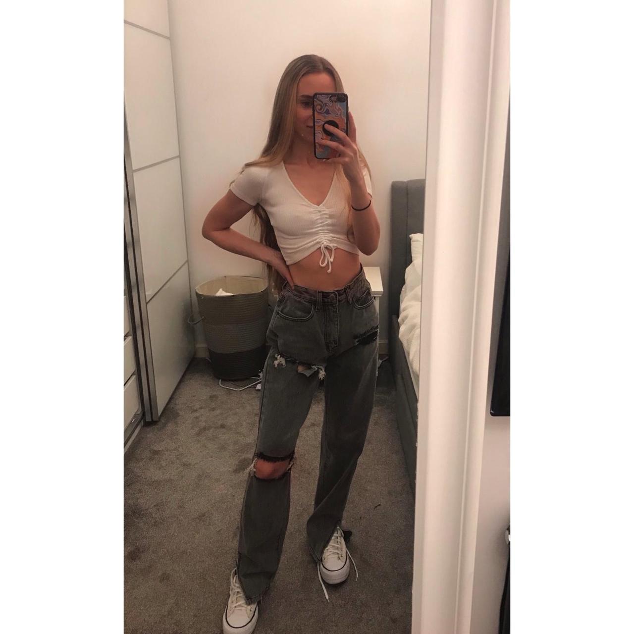 Pretty little thing petite grey ripped jeans. Worn a... - Depop