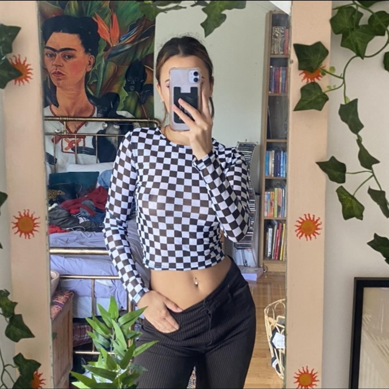 black and white checkered mesh crop top ! shown on... - Depop