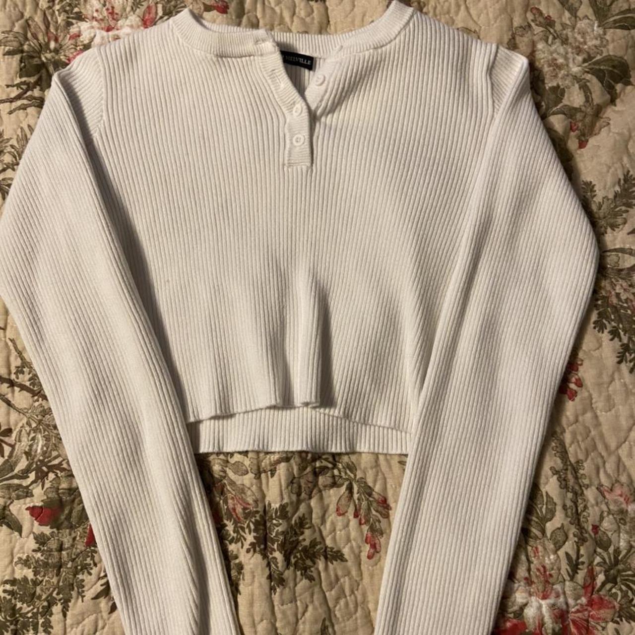🎀 Brandy Melville White Ribbed Button Up Long Sleeve... - Depop
