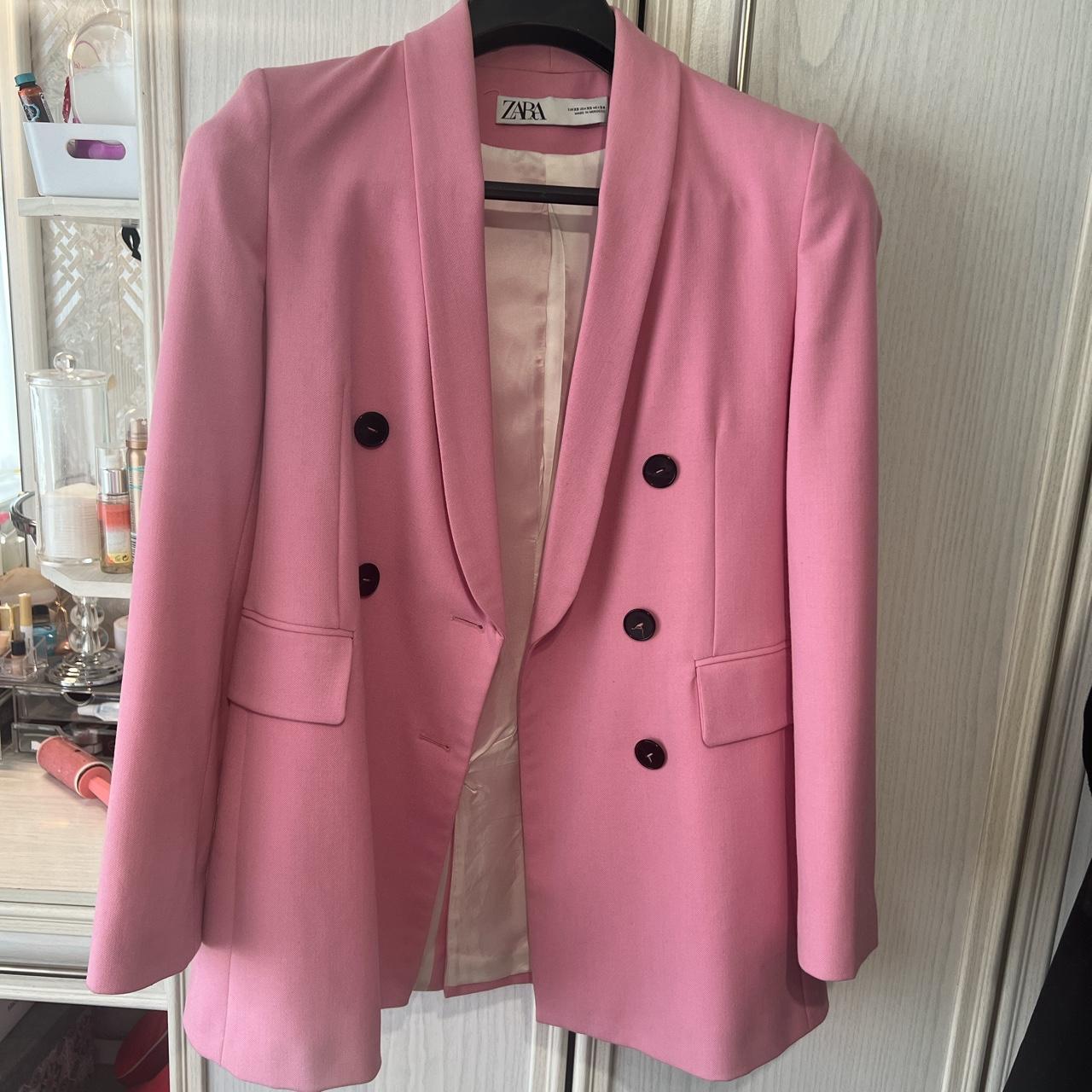 Zara XS pink long tailored double breasted blazer... - Depop