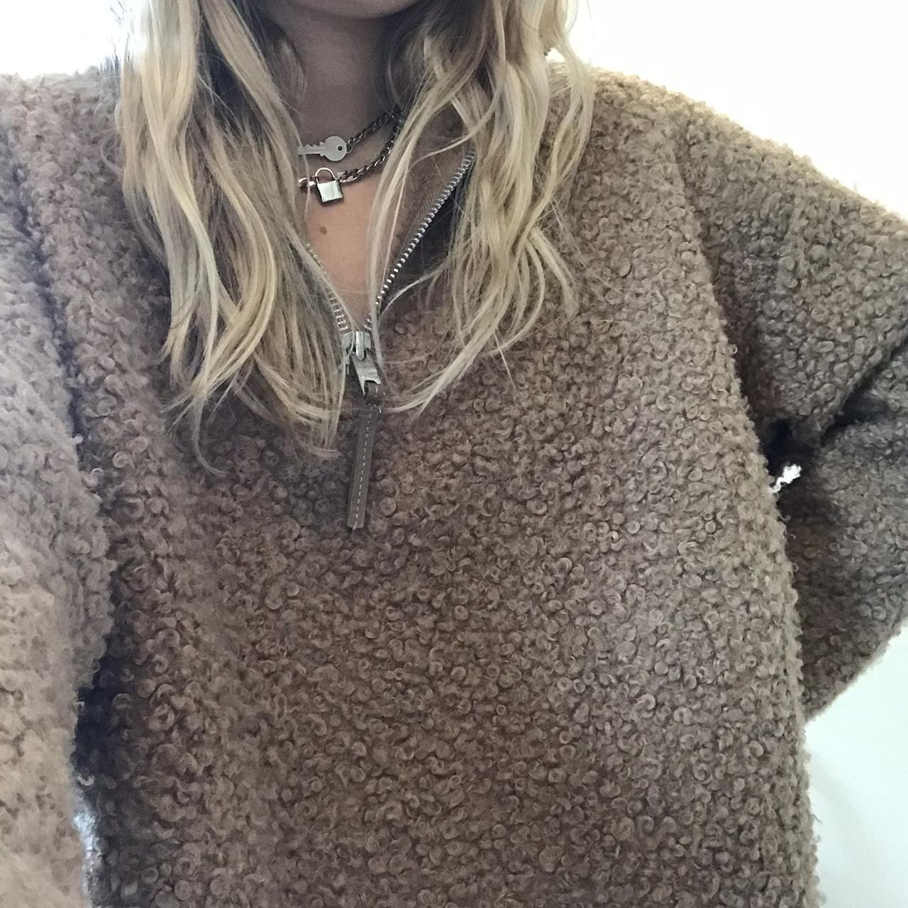 Zara 1/4 quarter zip jumper in brown fleece Depop