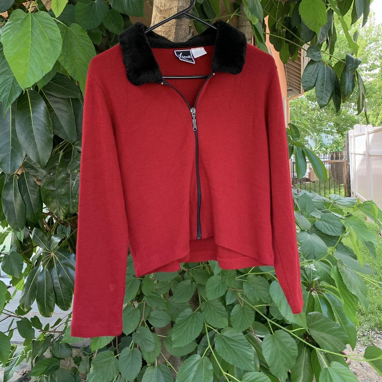 Red vintage zip up sweater/ cardigan with black fur... Depop