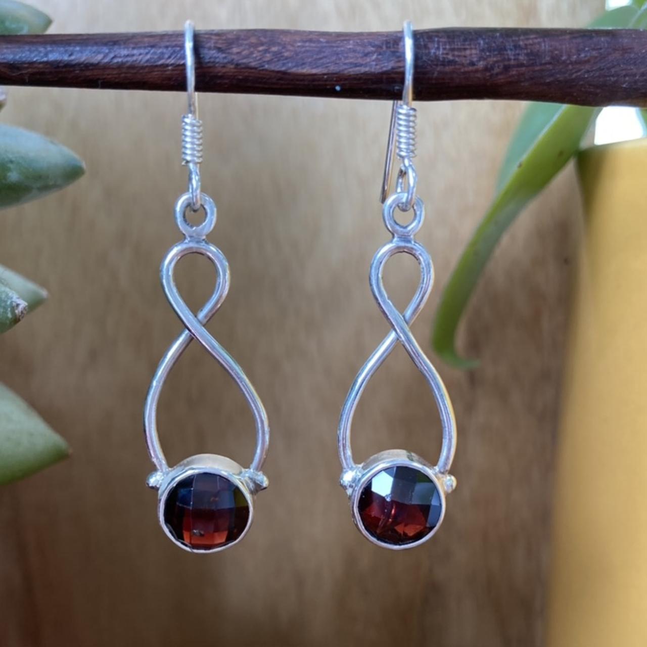 Sterling 925 silver and dark red garnet earrings... - Depop