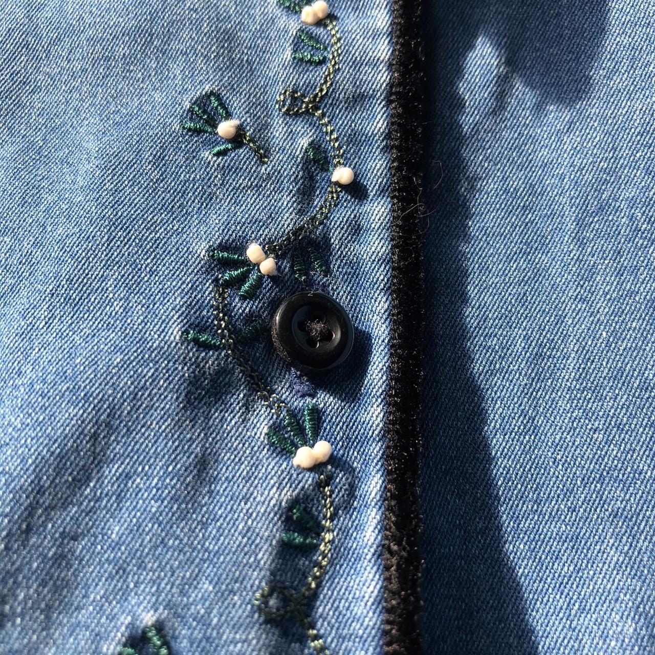 embroidered jean jacket with faux black suede... - Depop