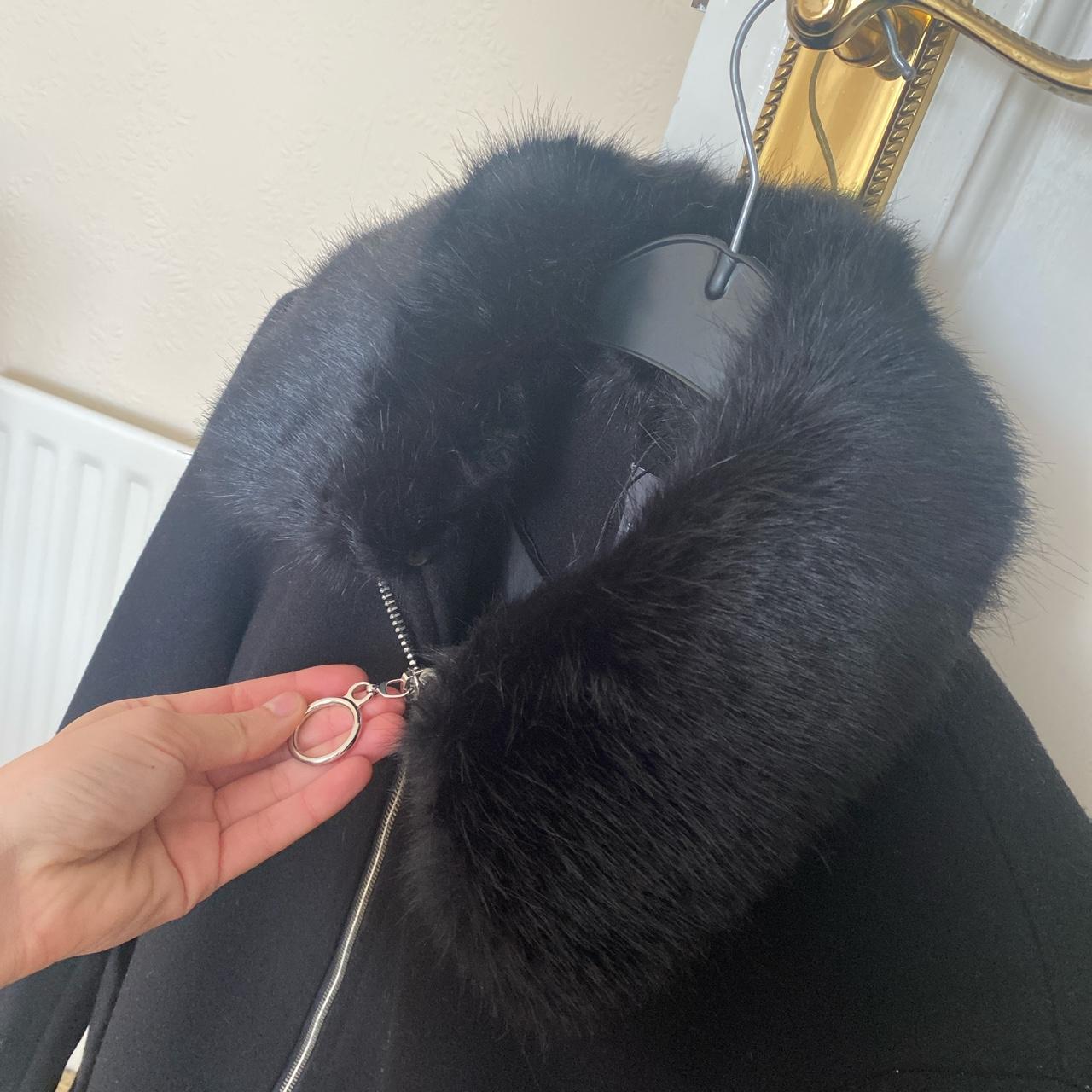 Black long fur coat round the neck with silver zip,... - Depop