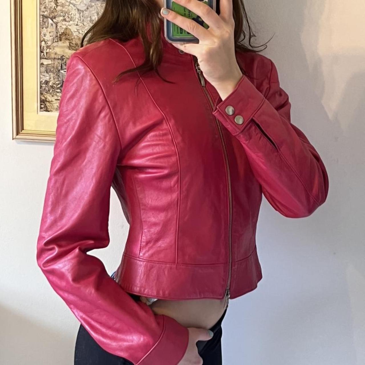 Insane hot pink leather biker jacket with silver... - Depop