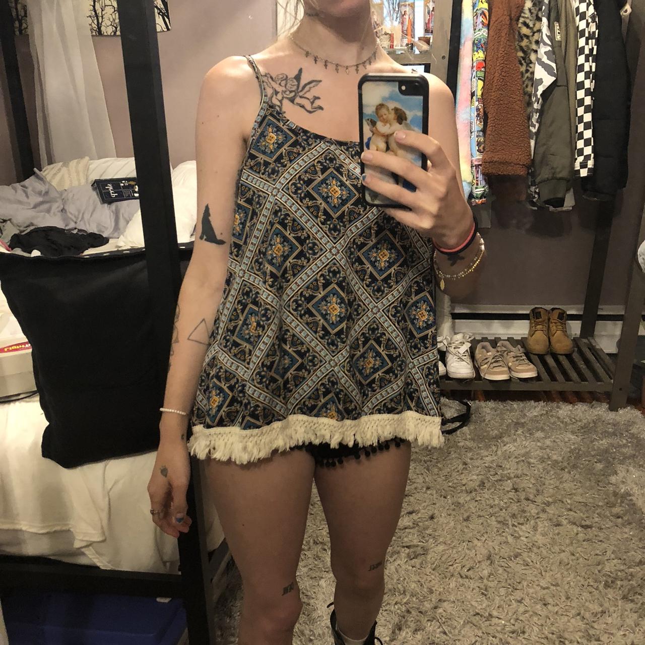 dark blue/ multi colored tank top open back white... - Depop