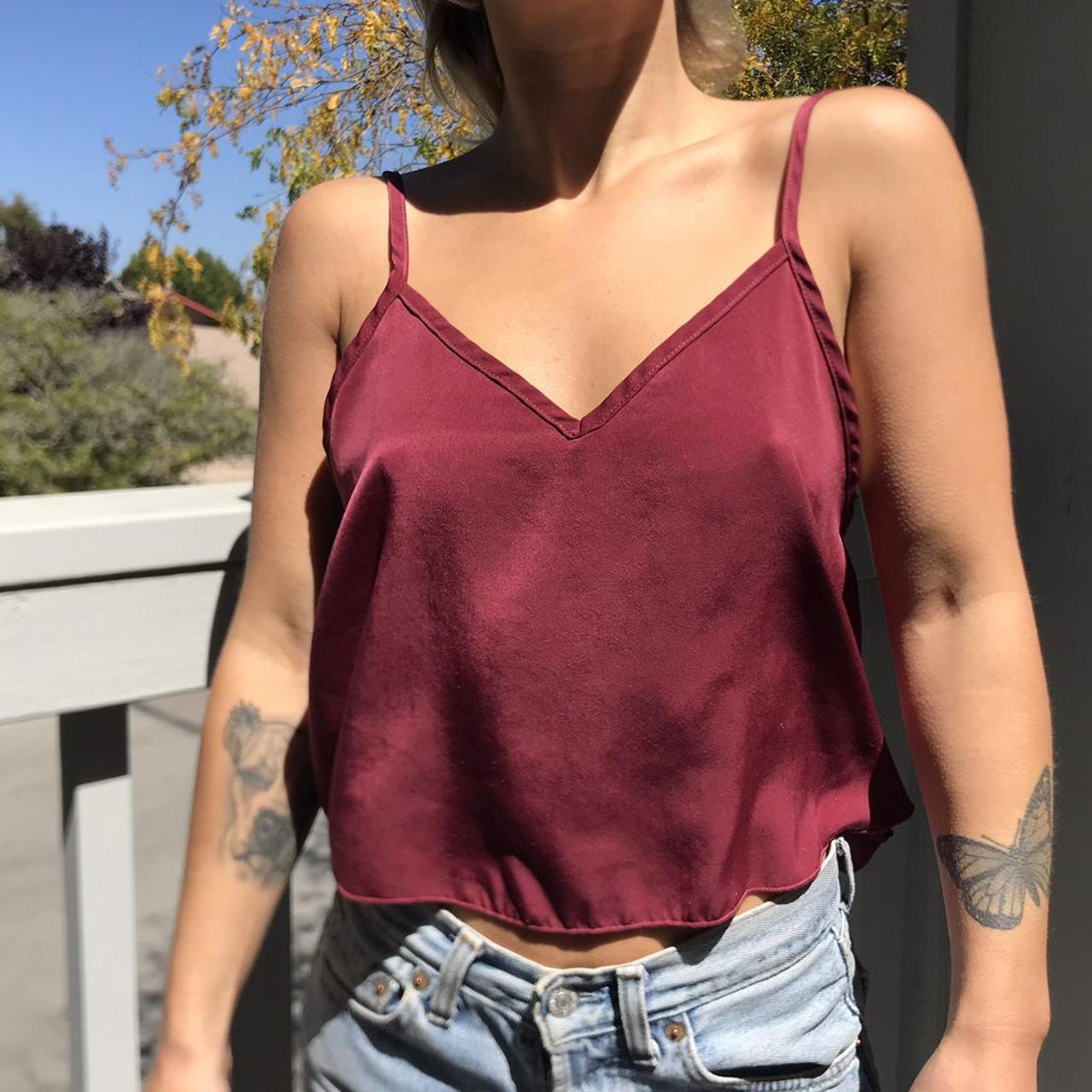 Maroon satin spaghetti strap top. Slightly cropped Depop