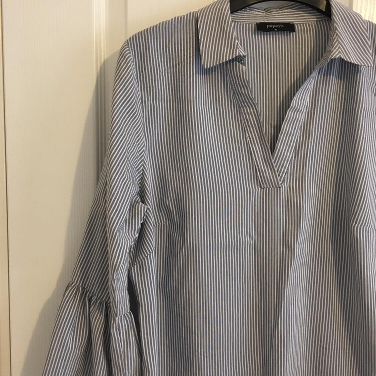 blue and white striped shirt with open collar and... - Depop