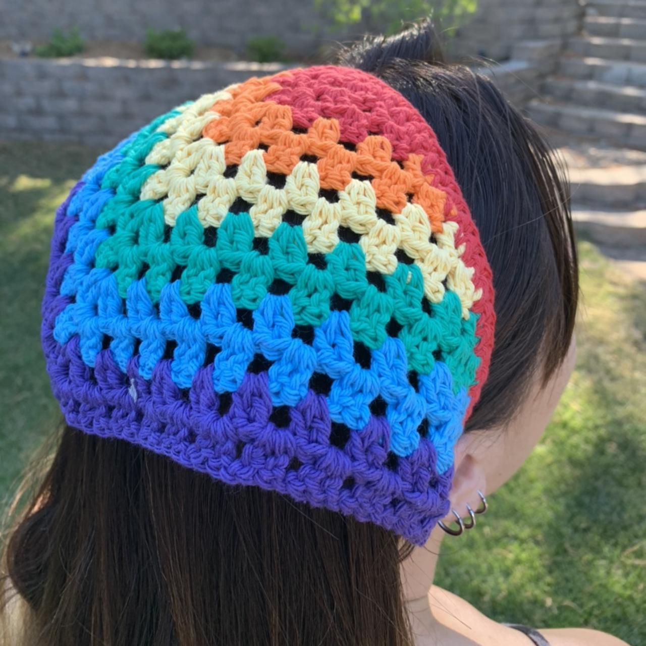 Handmade crochet bandana headband in the rainbow... - Depop