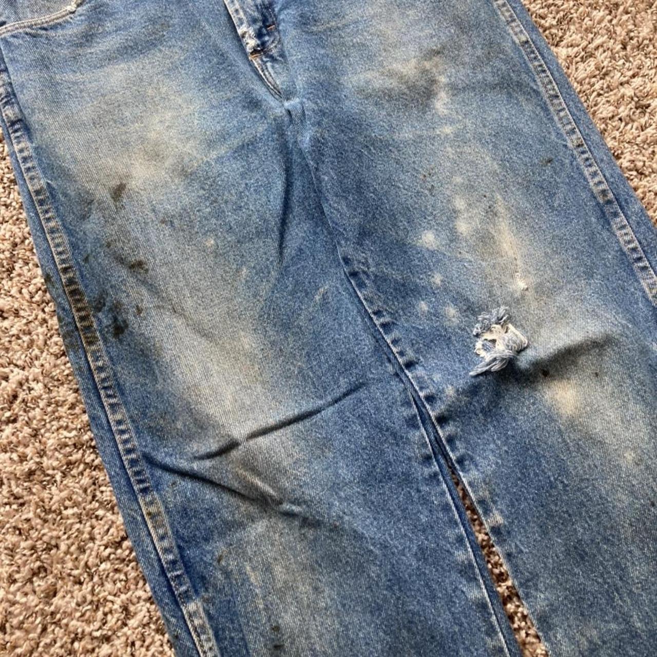 Y2K Distressed Paint Splattered Rustler Denim Dark... - Depop