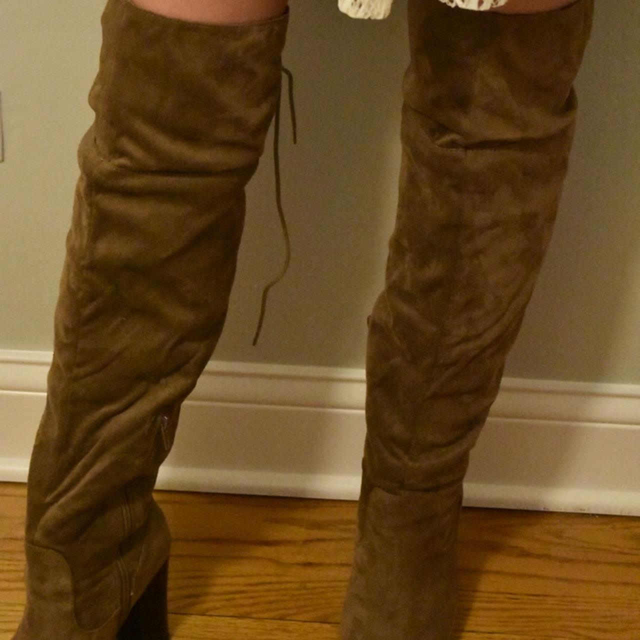 Brown leather thigh-high boots. Slightly worn, size... - Depop