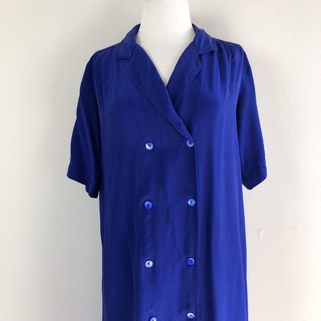 vintage 90s cobalt blue silk shirt dress | midi... - Depop