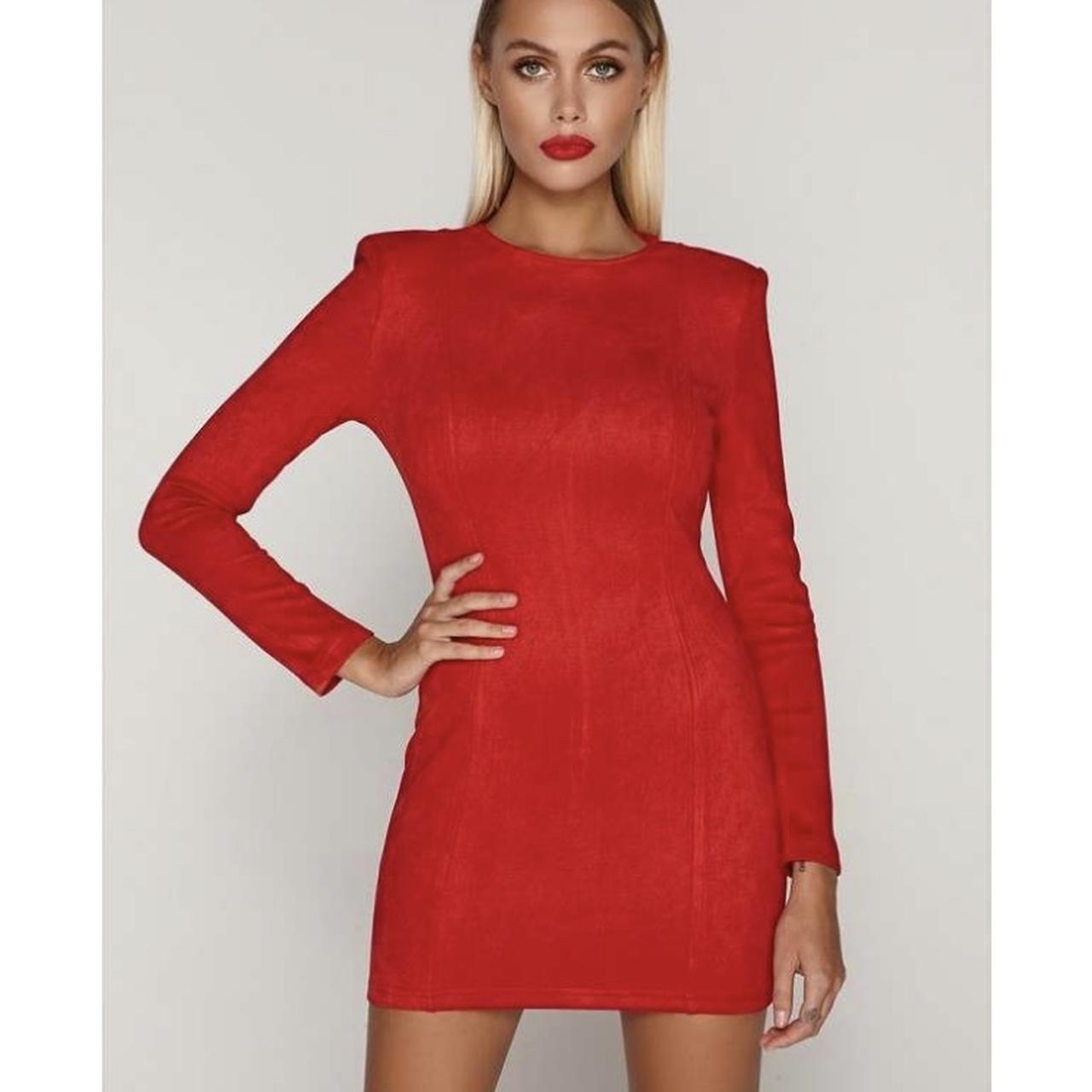 red dress with shoulder pads