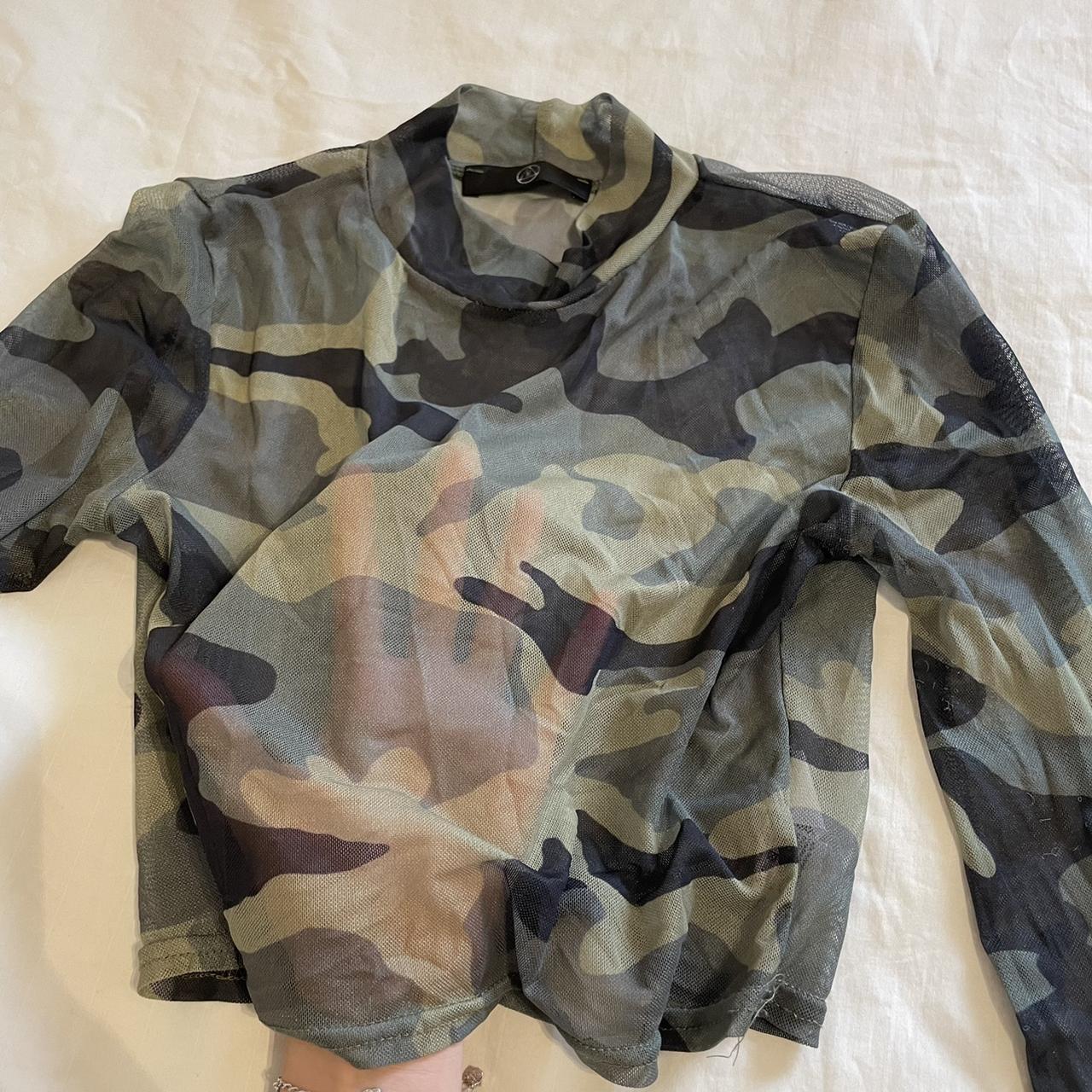 Missguided Camo Long Sleeve Sheer Mesh Crop Top with... - Depop