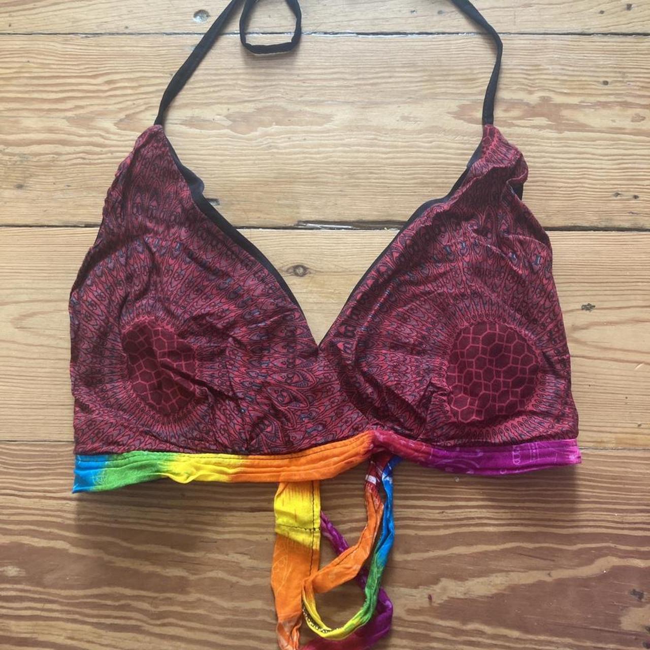 groovy bralette in purple and coulourful size small... - Depop