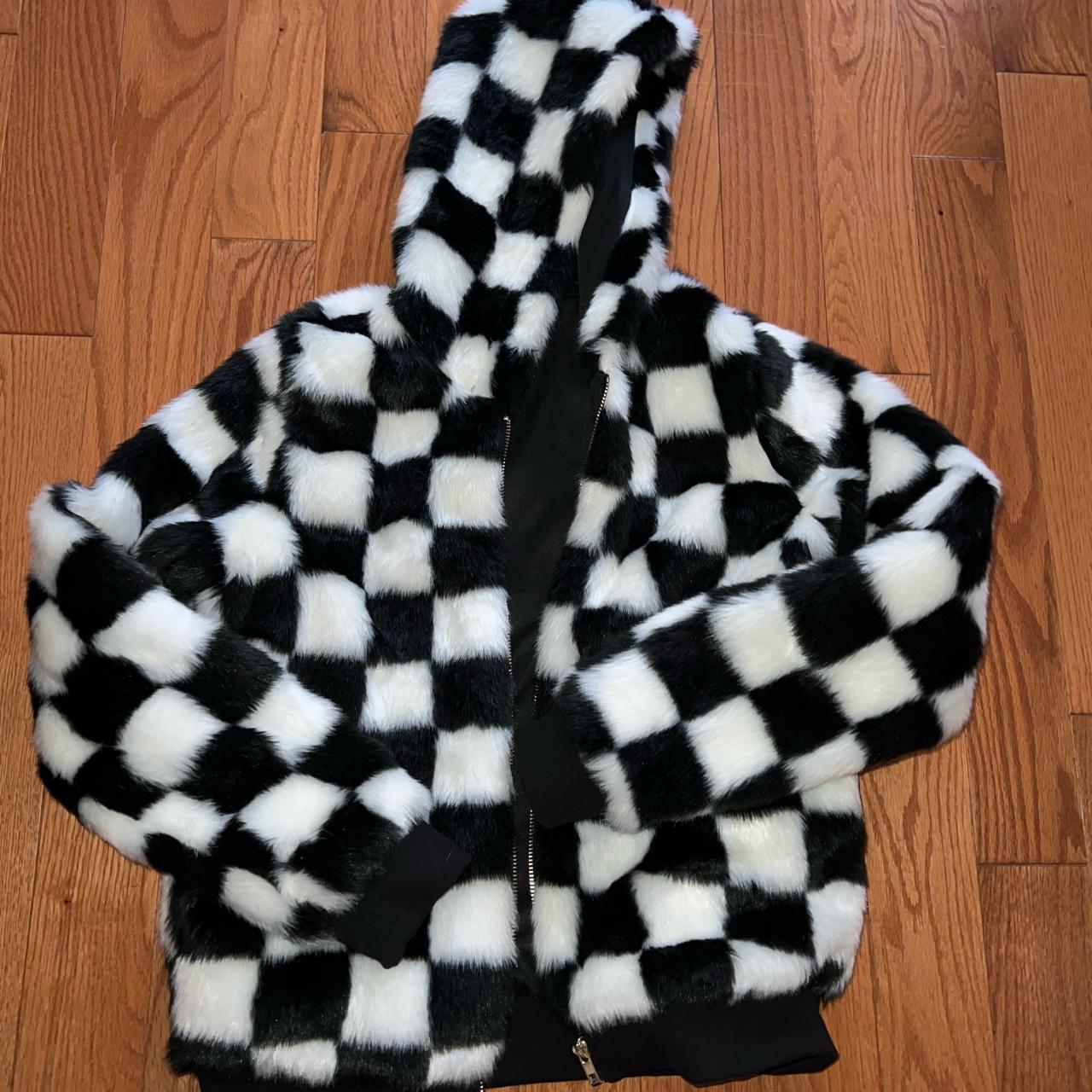 faux fur checker hood jacket with zipper and... - Depop