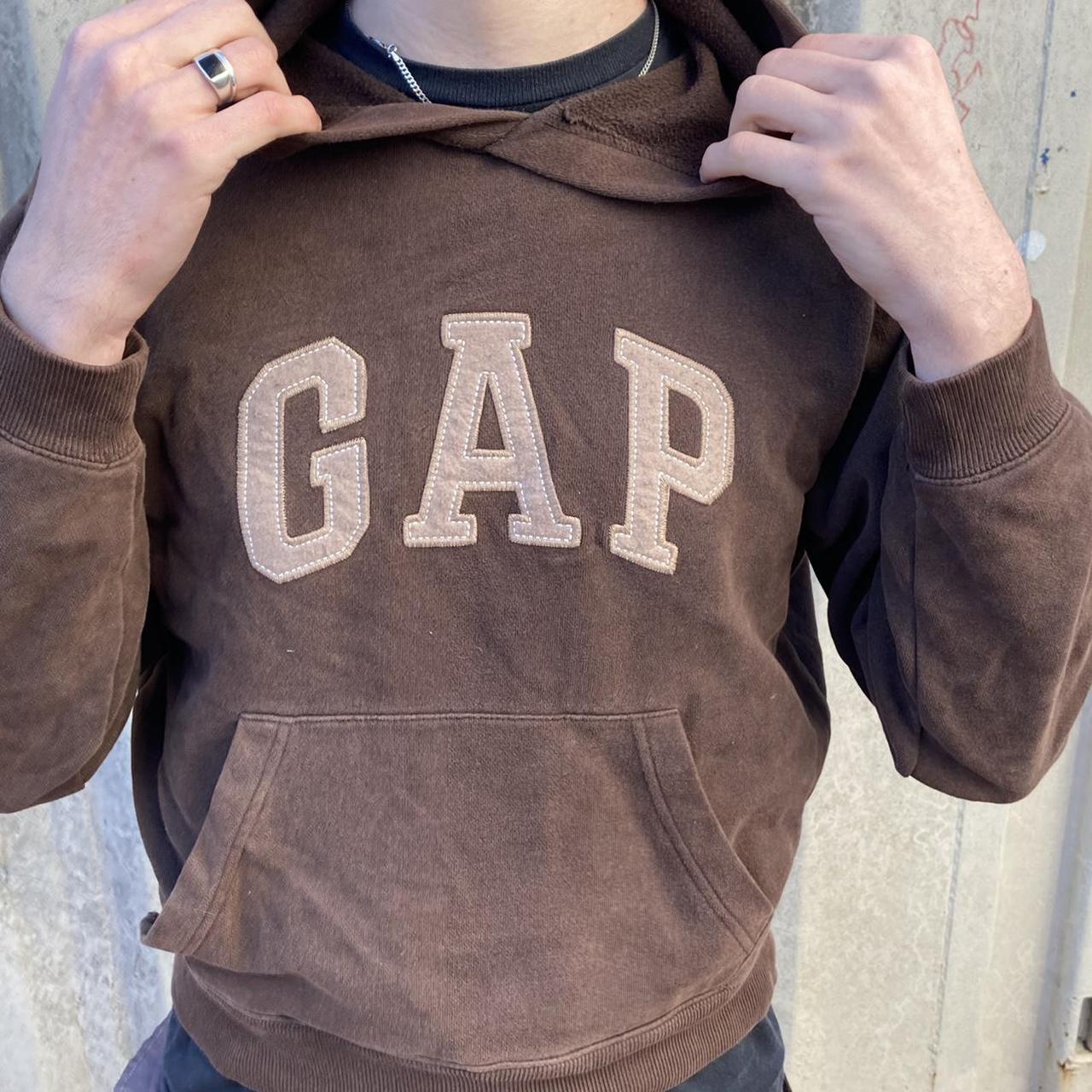 Brown graphic hoodie from Gap. Red lettering and red - Depop