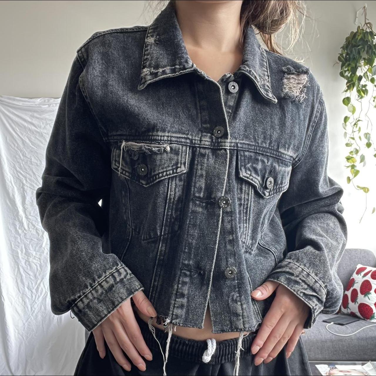 Black cropped store distressed denim jacket