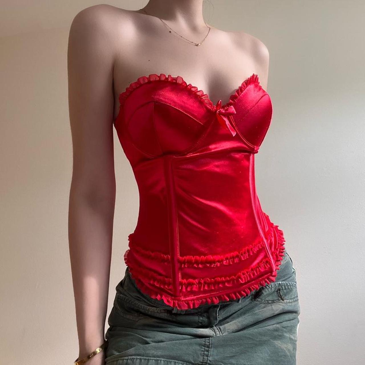 sexy red y2k satin corset bustier 🍒 , cute ruffle 