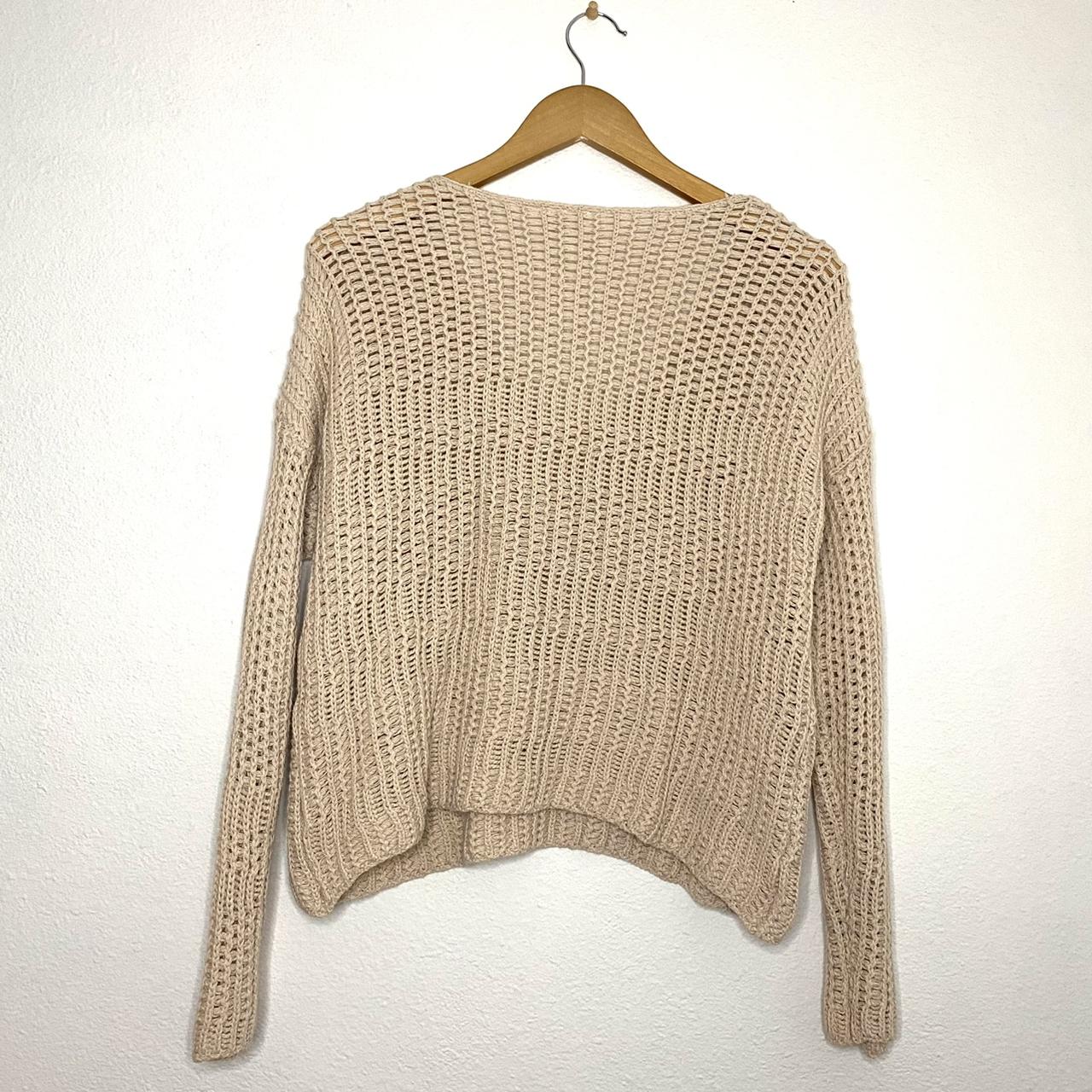 tan/cream crochet knit v neck sweater/ over... - Depop