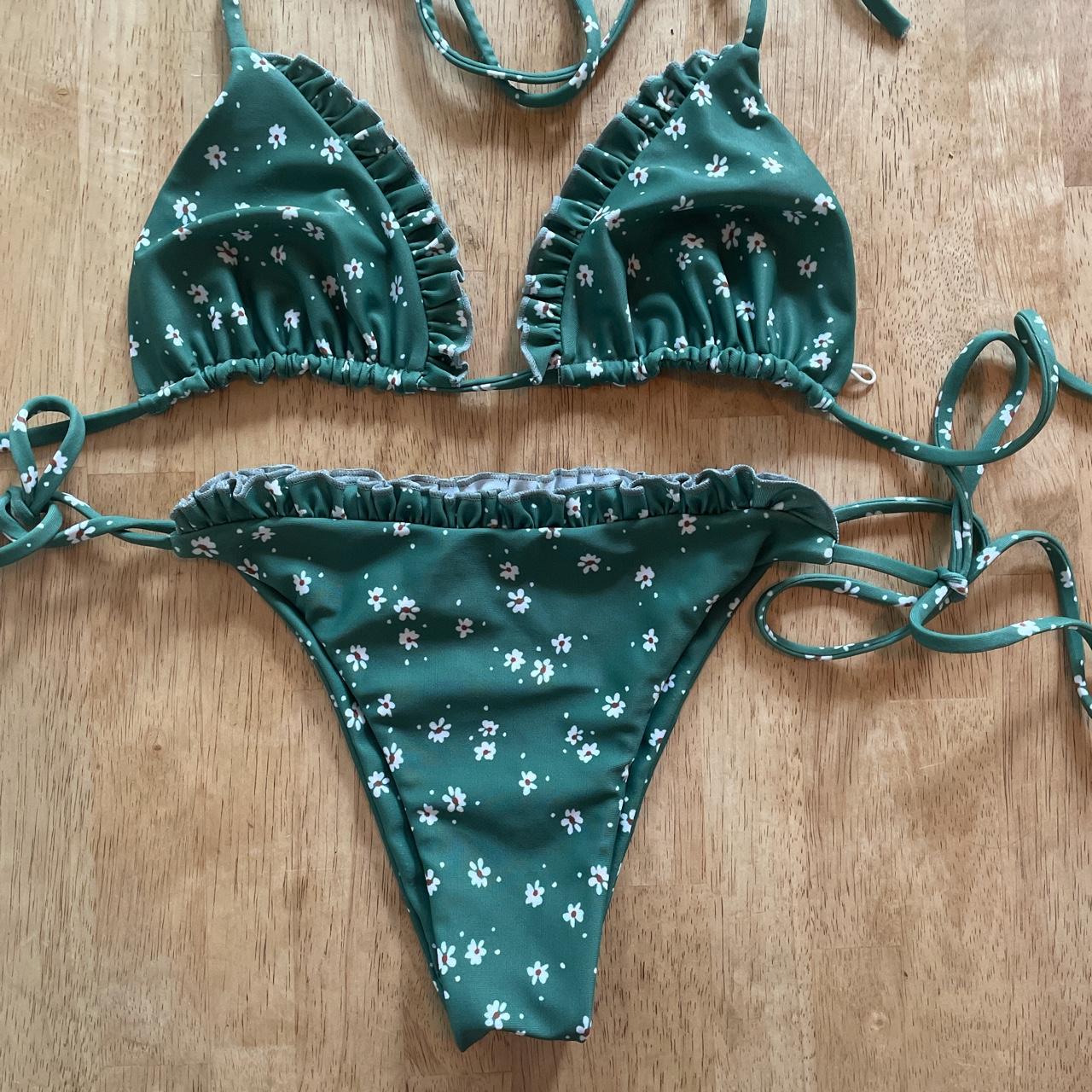 Adorable Green Flower Print String Bikini From Depop