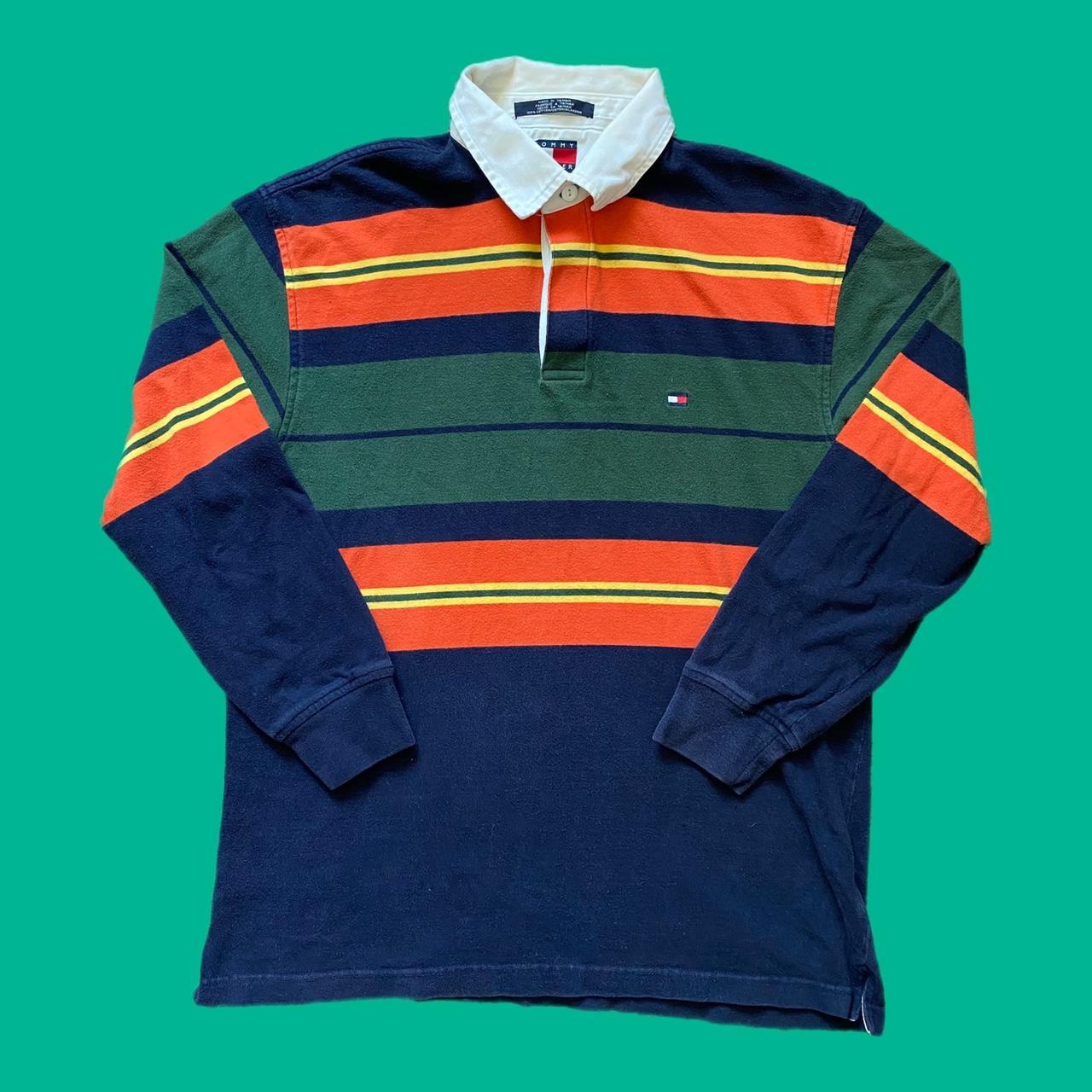 Vintage 90s Tommy Hilfiger striped color block rugby... - Depop