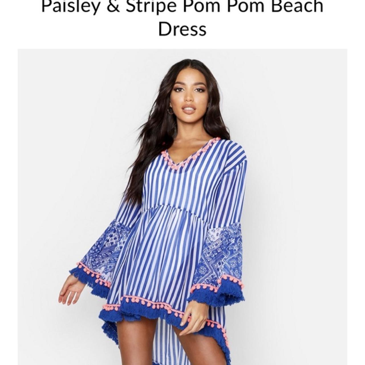 Paisley Stripe Pom Beach Dress in Blue. Size L. Depop