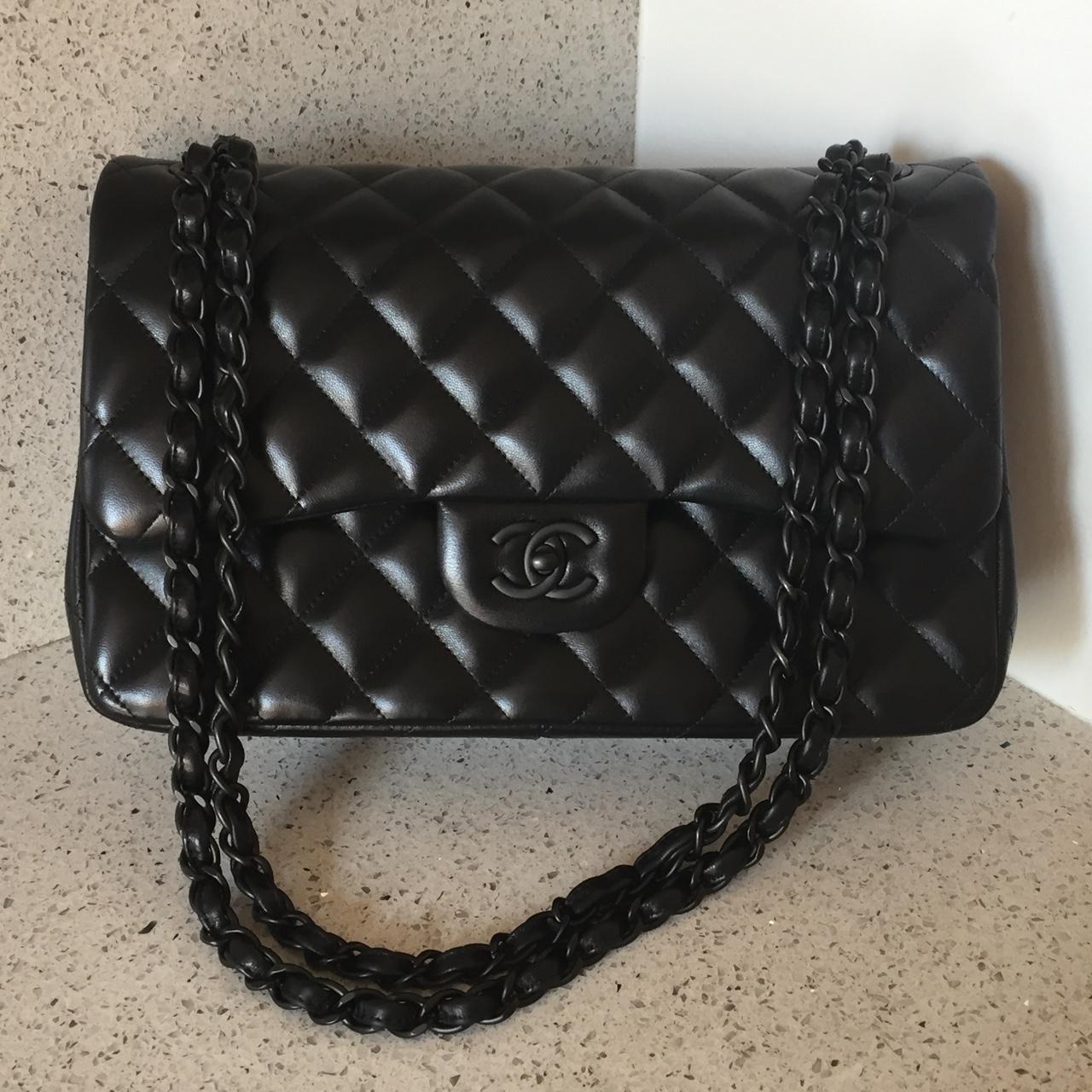 Chanel so black jumbo classic flap in lamb with