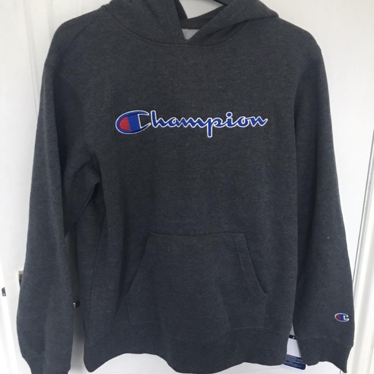 grey champion hoodie with black writing