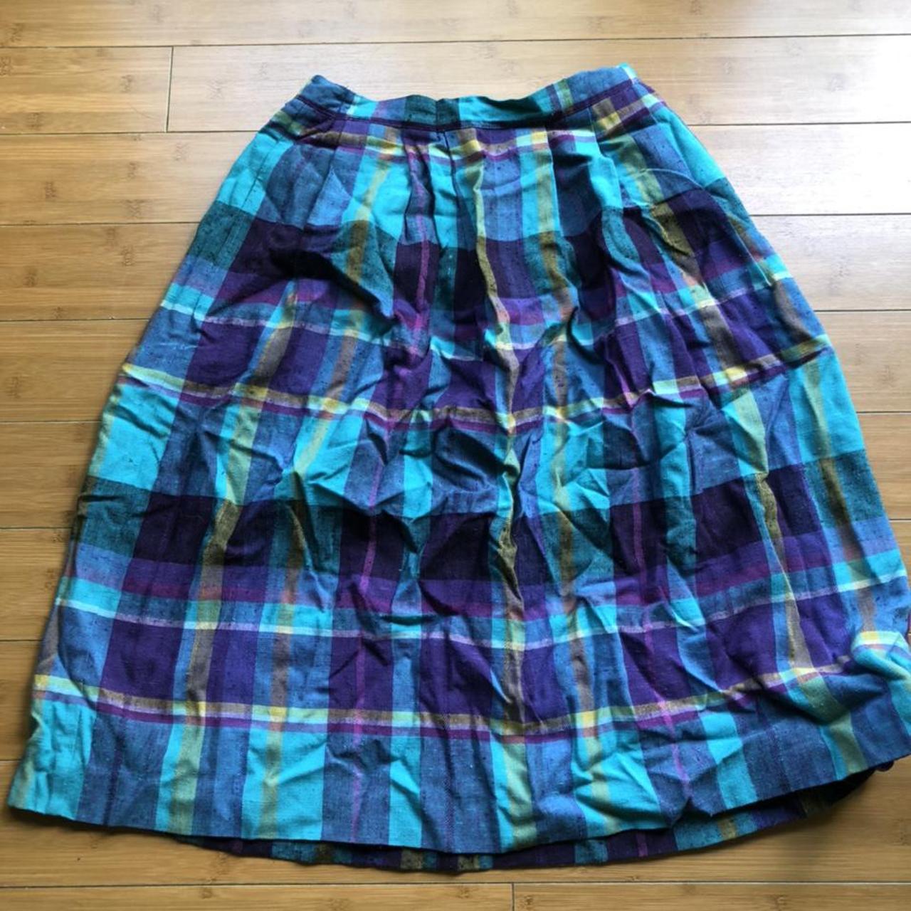 Plaid school girl skirt with blue, purple and yellow... - Depop