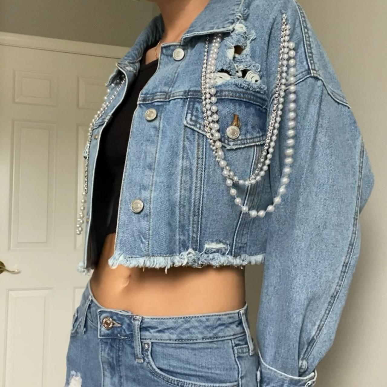 Jean jacket with rhinestone and pearl accents. Size... - Depop