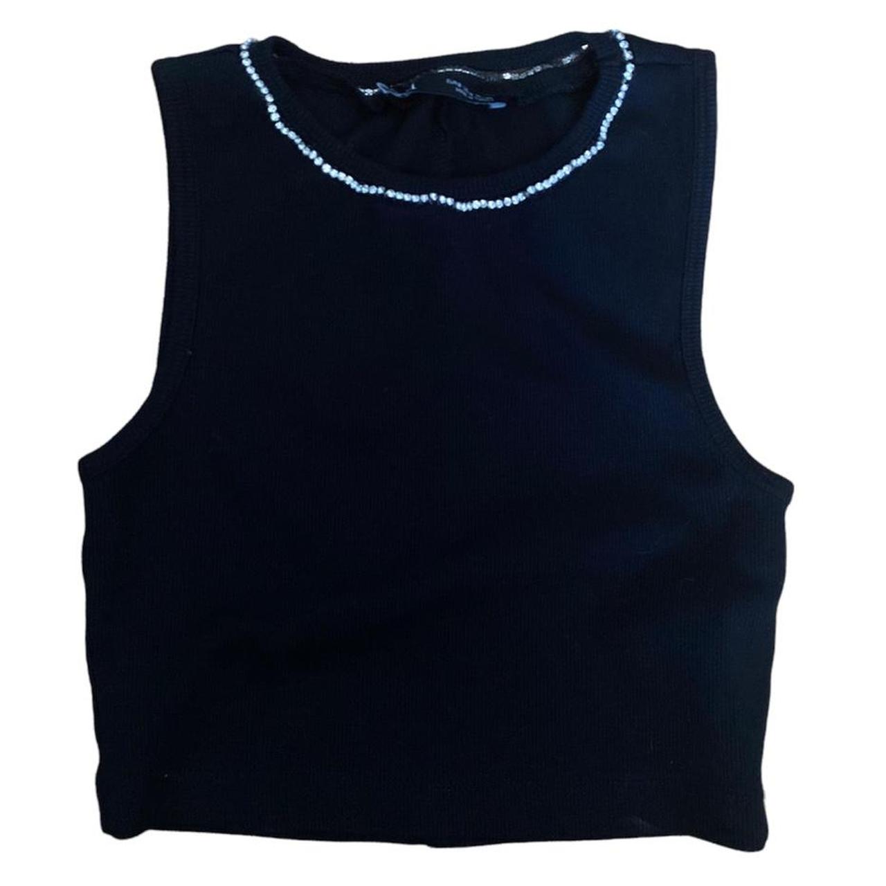 zara knit crop top with diamante trim neckline FREE... Depop