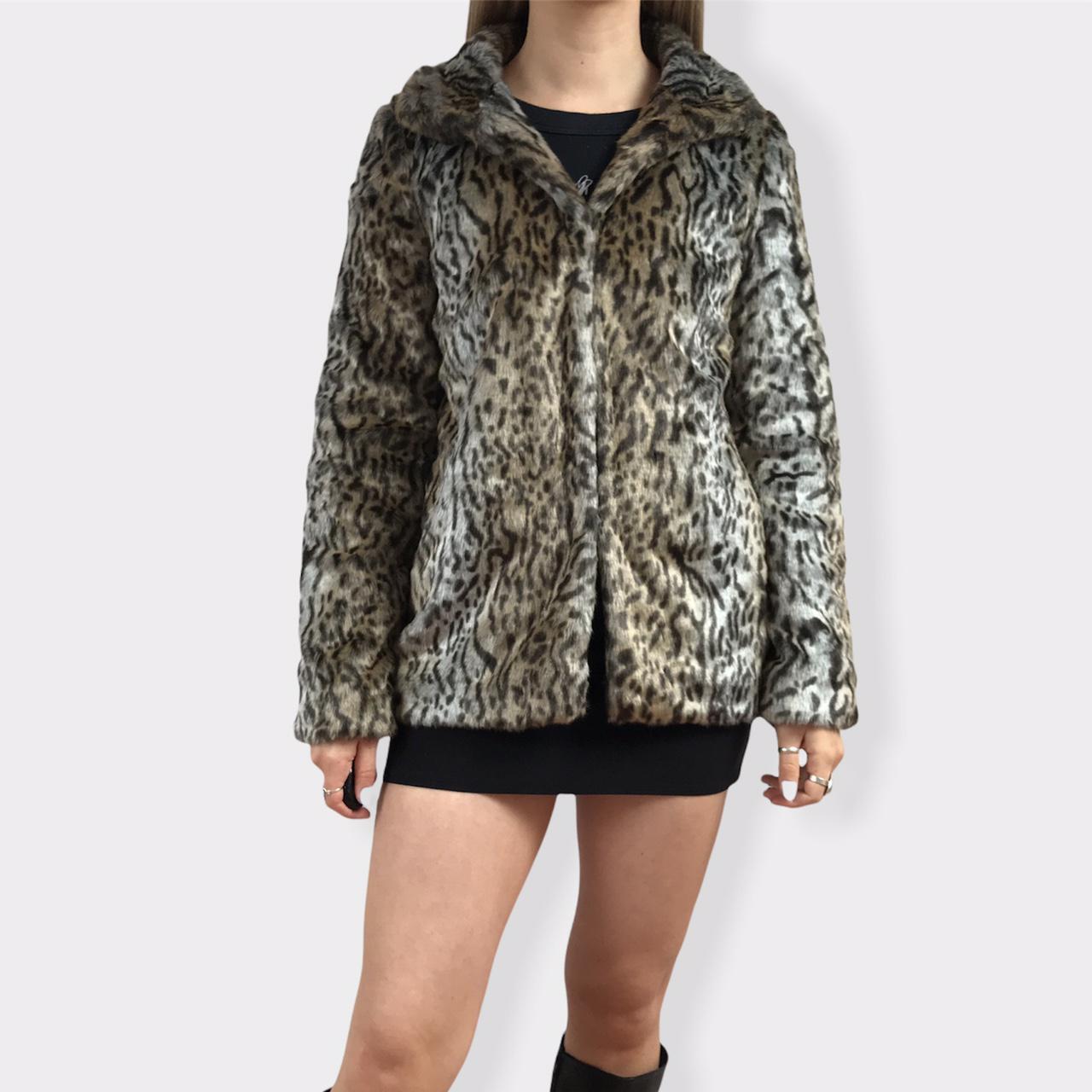 y2k faux fur leopard print jacket. grey and brown... - Depop