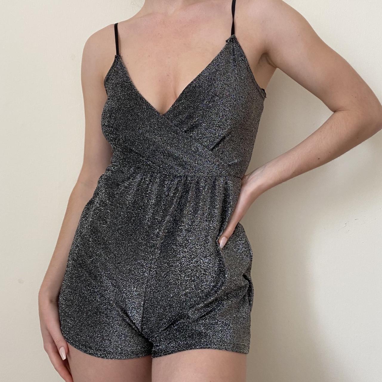 Sexy silver sparkly playsuit lbd with plunge - Depop