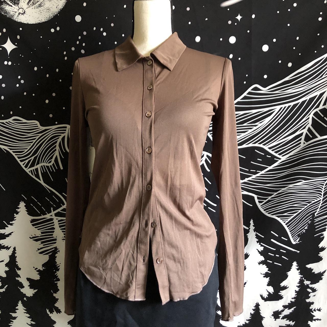 Aritzia Wilfred Sheer Brown Mesh button up Pose Hip... - Depop