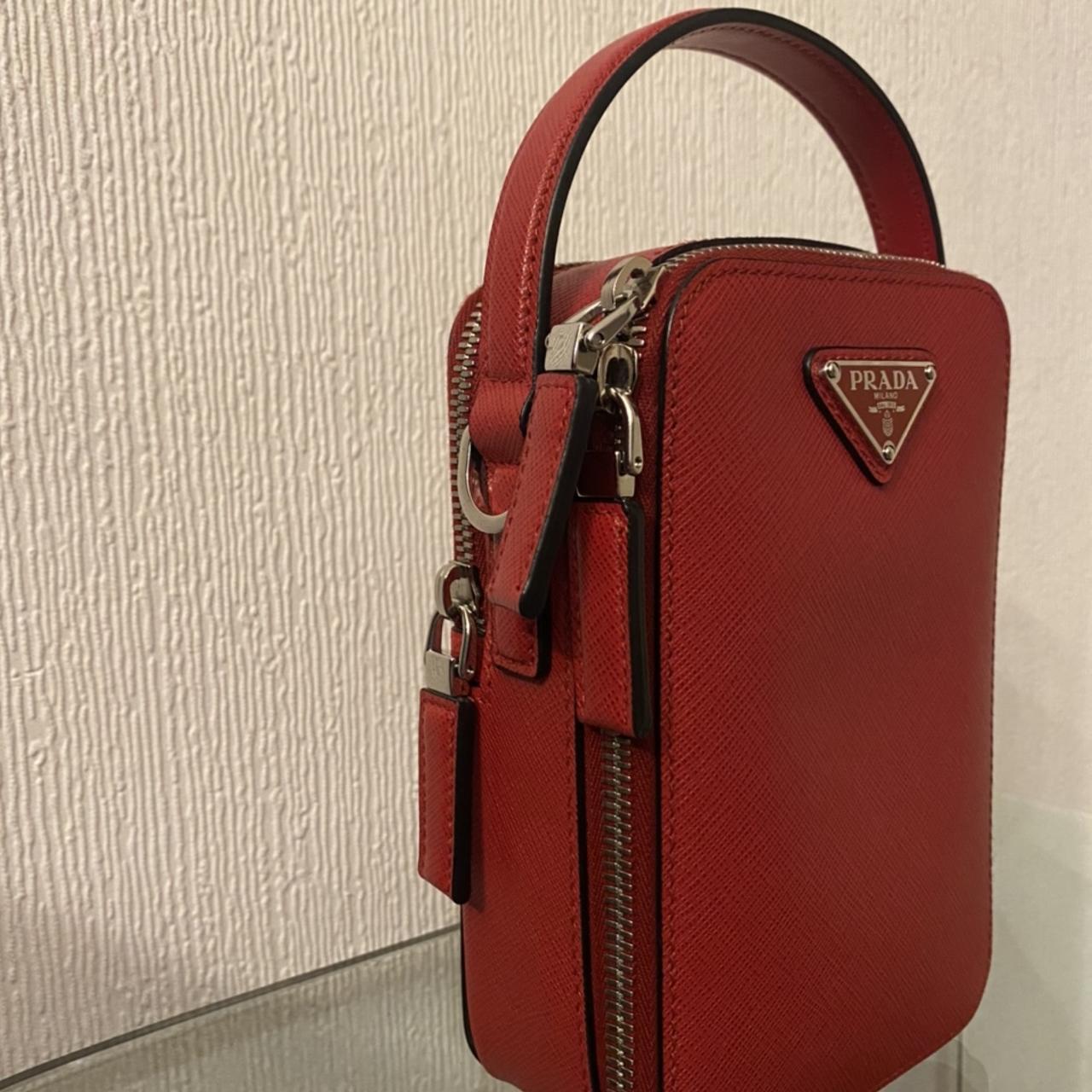 Red saffiano leather shoulder Prada box bag comes. Depop