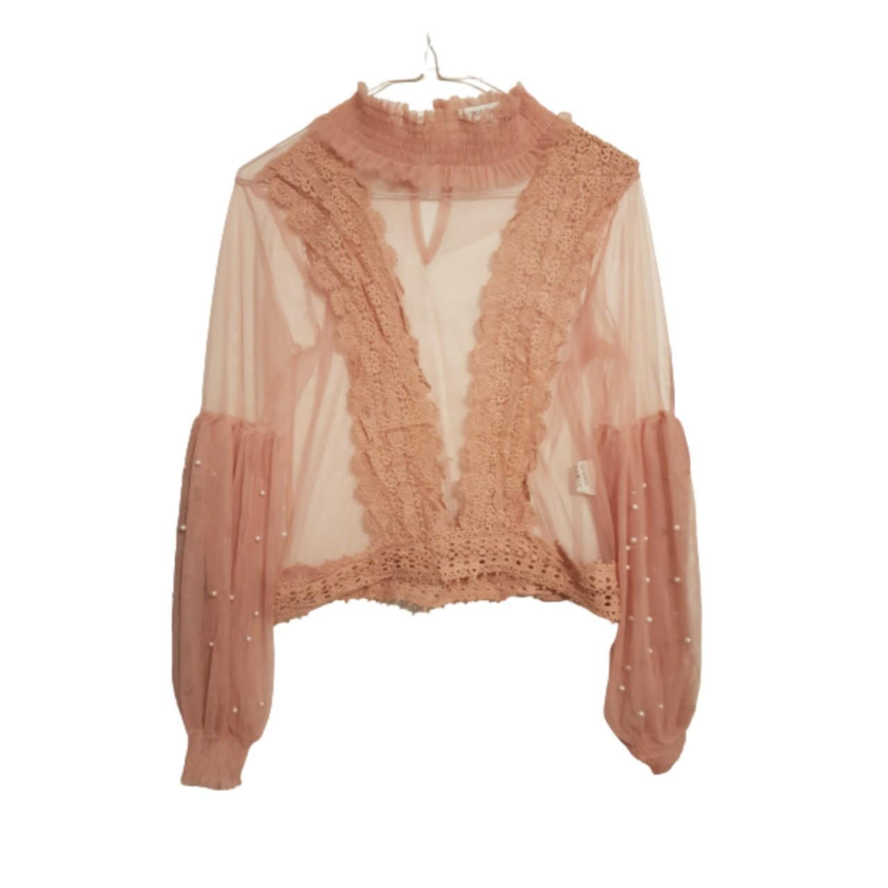 baby pink tulle turtleneck blouse with pearl and... - Depop