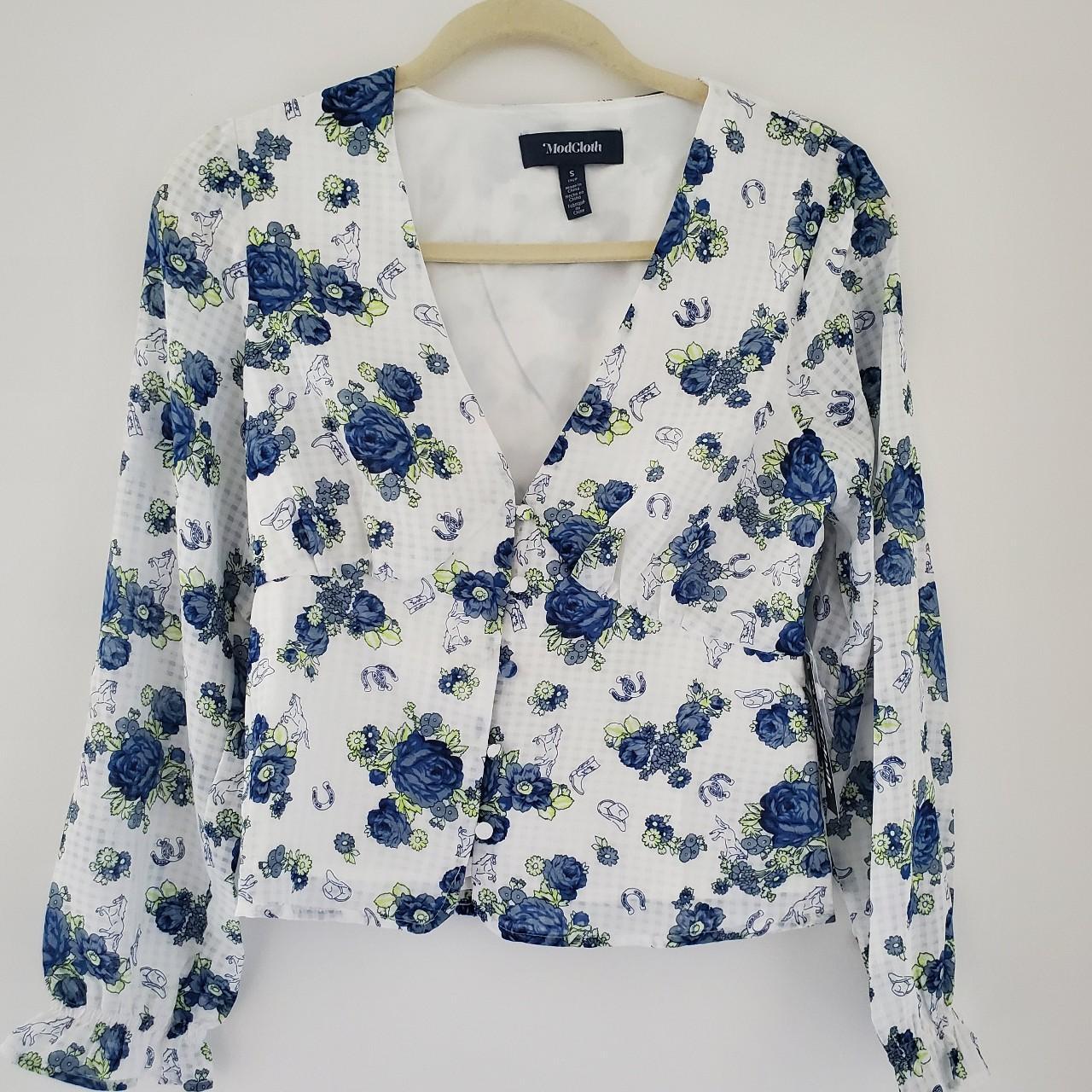 ModCloth Women's White and Blue Blouse | Depop