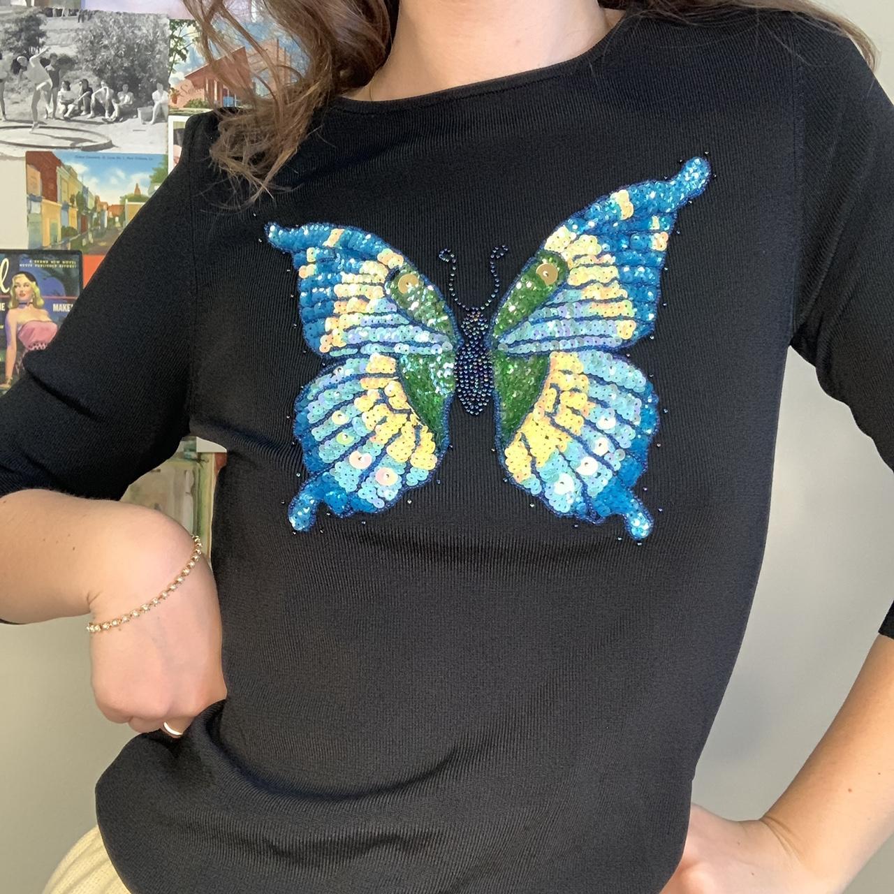 90s / Y2k Beaded Sequin Butterfly Long Sleeve... - Depop