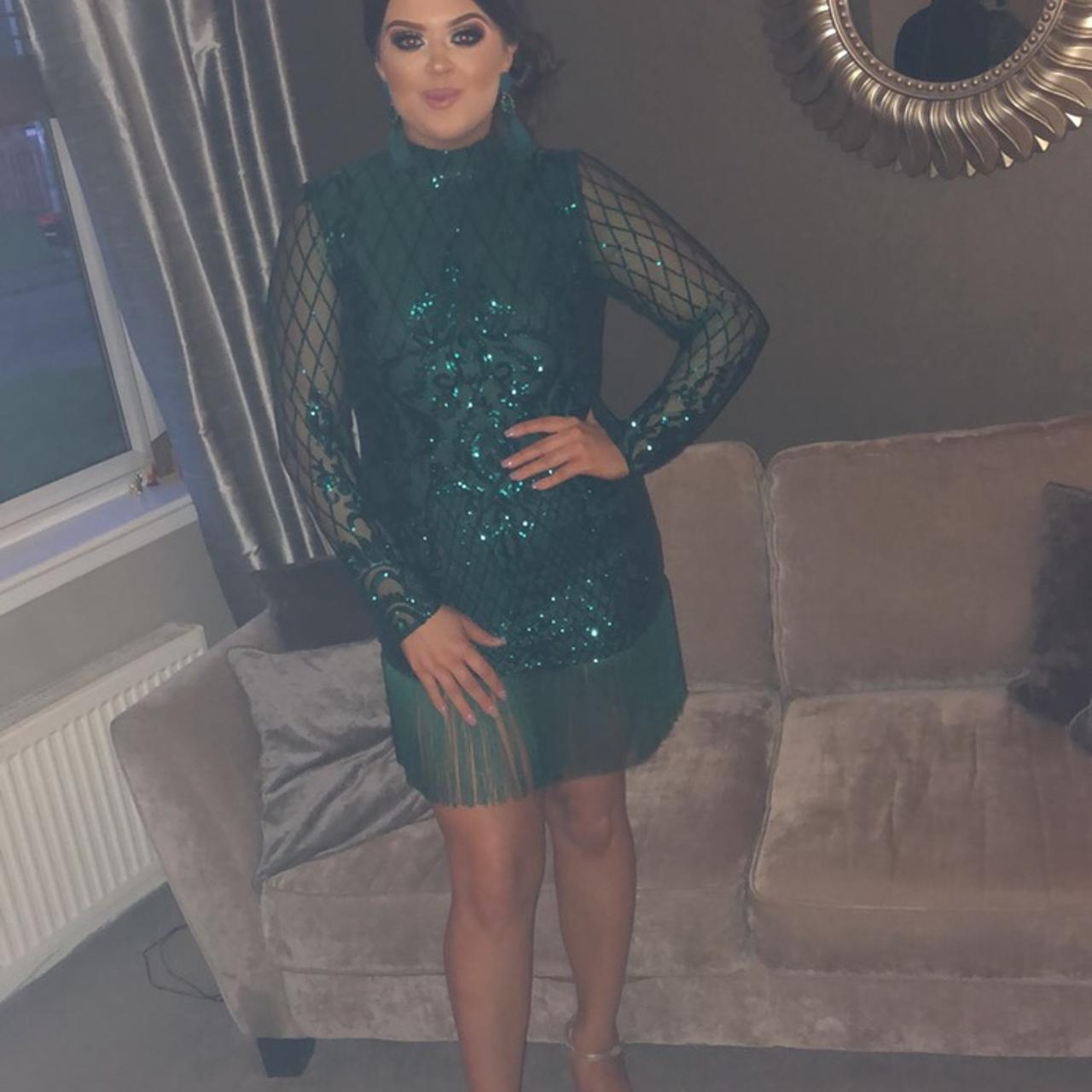 Emerald green sequin long sleeve tassel hem bodycon dress hotsell