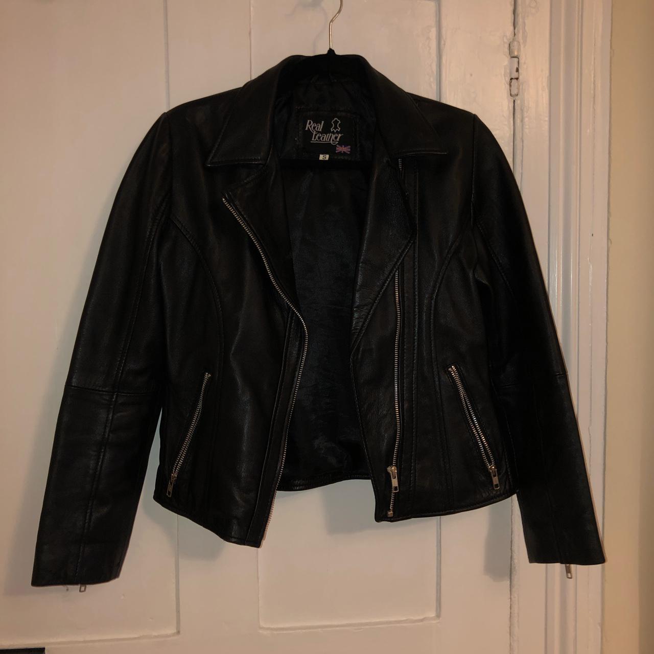 Black real leather jacket. Worn a lot, some notices... - Depop