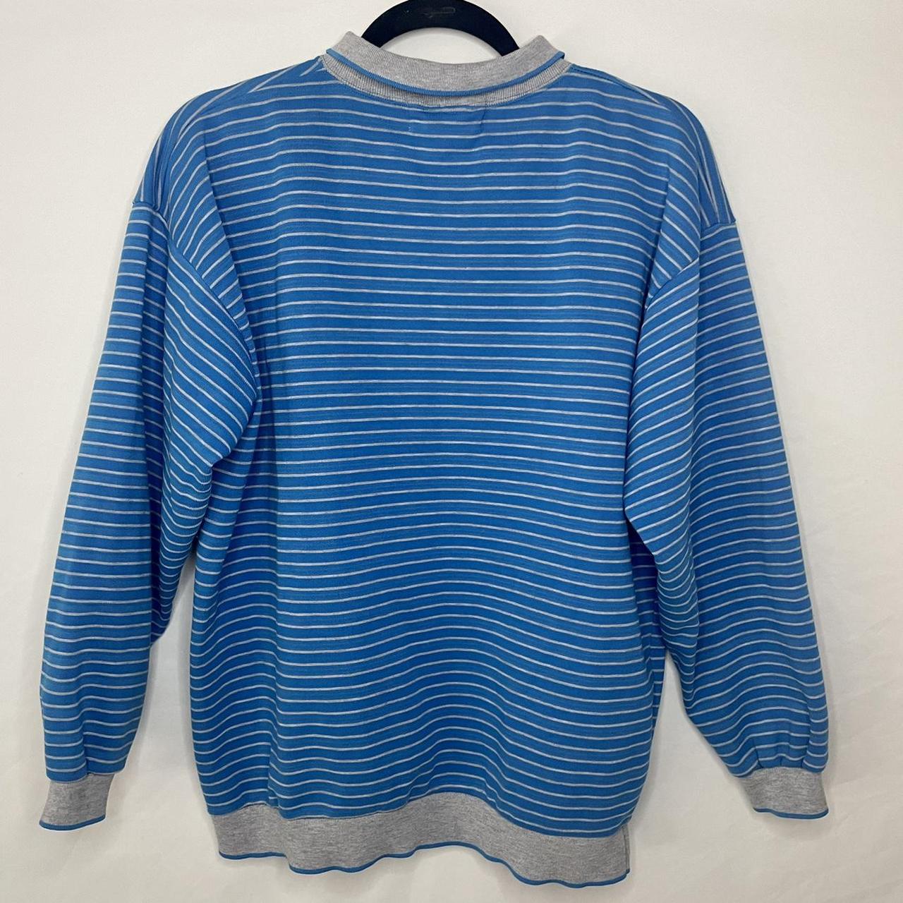 Vintage crew neck, blue and grey striped with... - Depop
