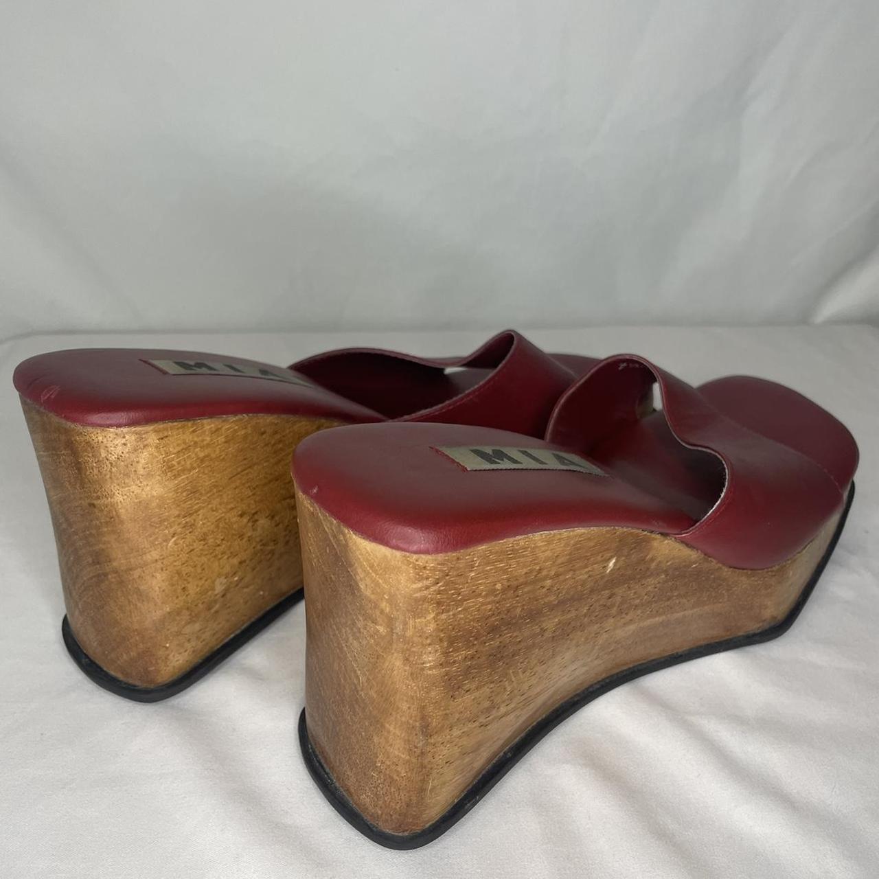 vintage wedge heels by MIA, red leather, wood (i... Depop