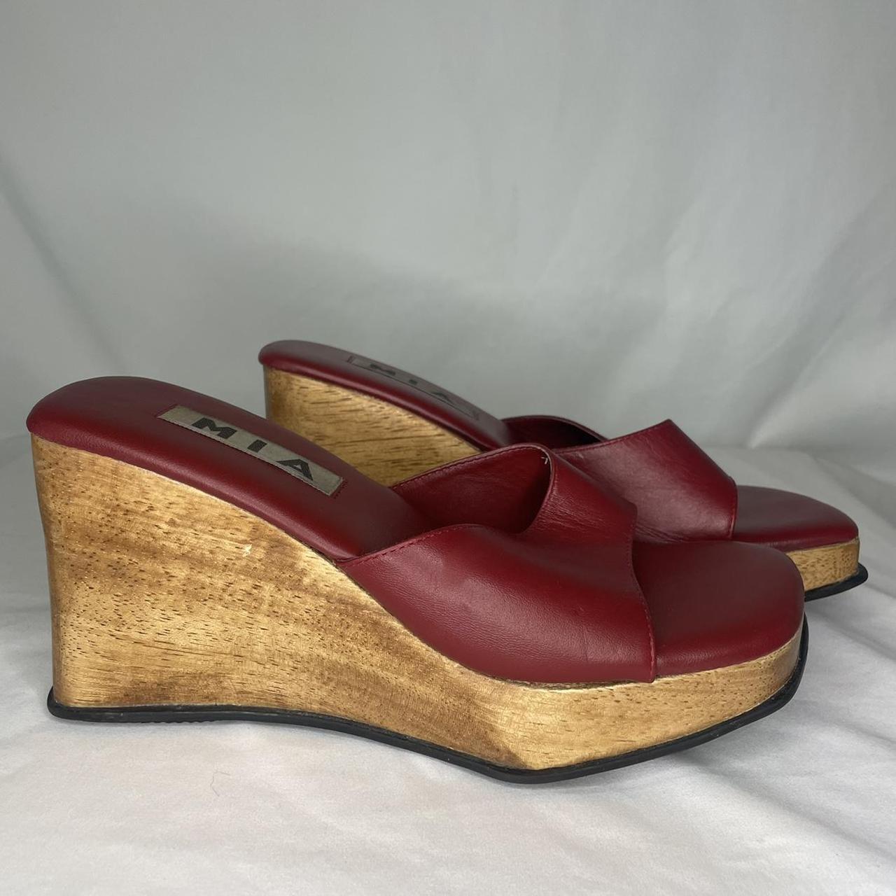 vintage wedge heels by MIA, red leather, wood (i... - Depop