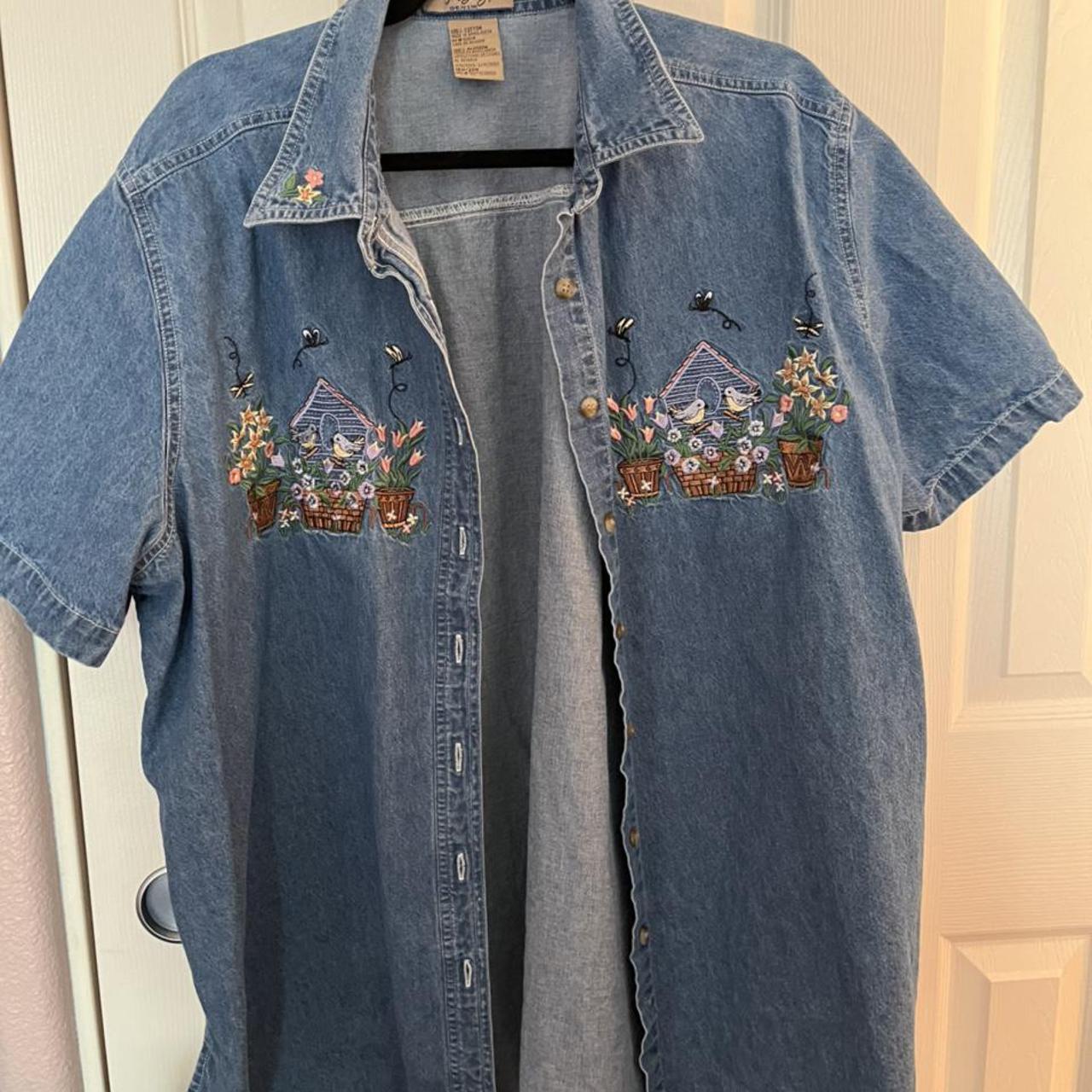 Embroidered Denim Shirt -lightweight denim... - Depop